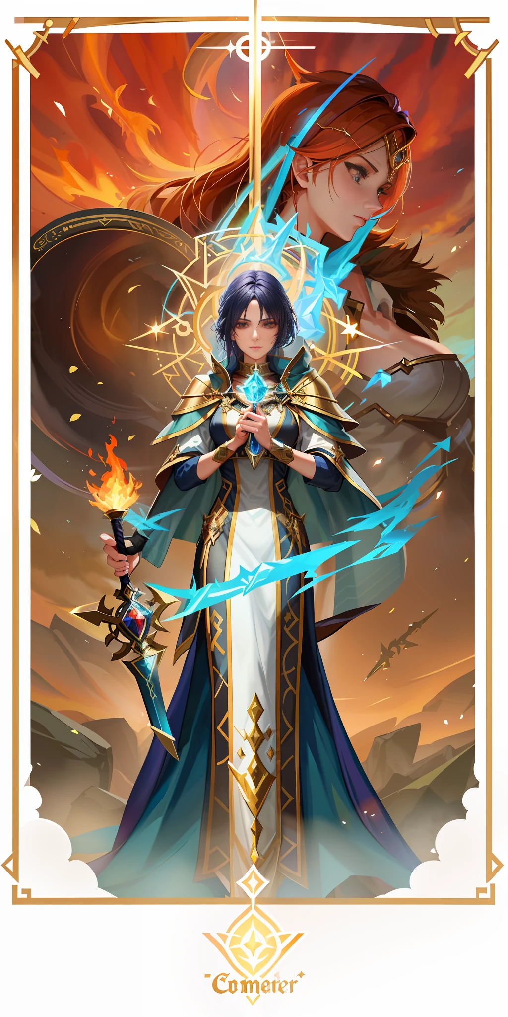 a close up of a woman with a sword and a fire, epic mage girl character, portrait of a female mage, full portrait of elementalist, female mage, female mage!, beautiful celestial mage, holy fire spell art, fantasy mage, mage, black - haired mage, human :: sorceress, female cleric, in the art style of mohrbacher