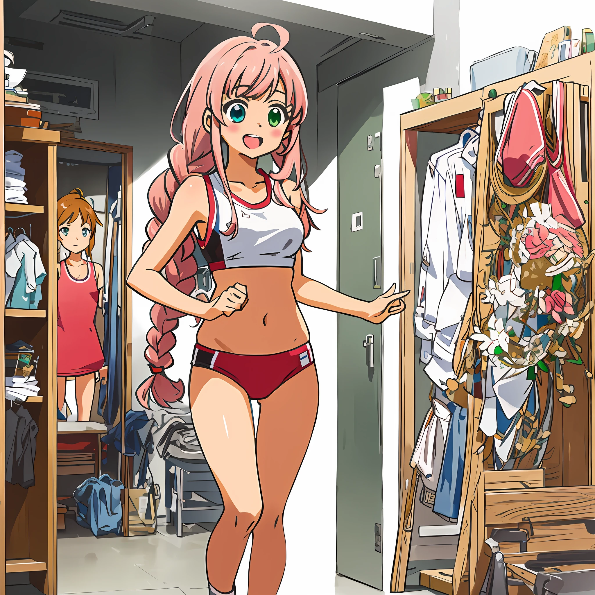 Anime illustrations in the style of "Kyoto Animation", highest quality, (cute: 1.1), (cute), (high resolution: 1.2), incredibly ridiculous: 1.3, incredibly fine illustrations, break,1 beautiful girl, Solo, (heterochromia, light blue eyes and light green eyes), silhouette of star eyes, solo, standing figure, happy, :d, princess eyes, big breasts, break, braid, light pink hair, semi-long hair, red ribbon at the end of braid, break, slender body, rikujou, track uniforms, sports bras, sports bikinis, track and field, changing room