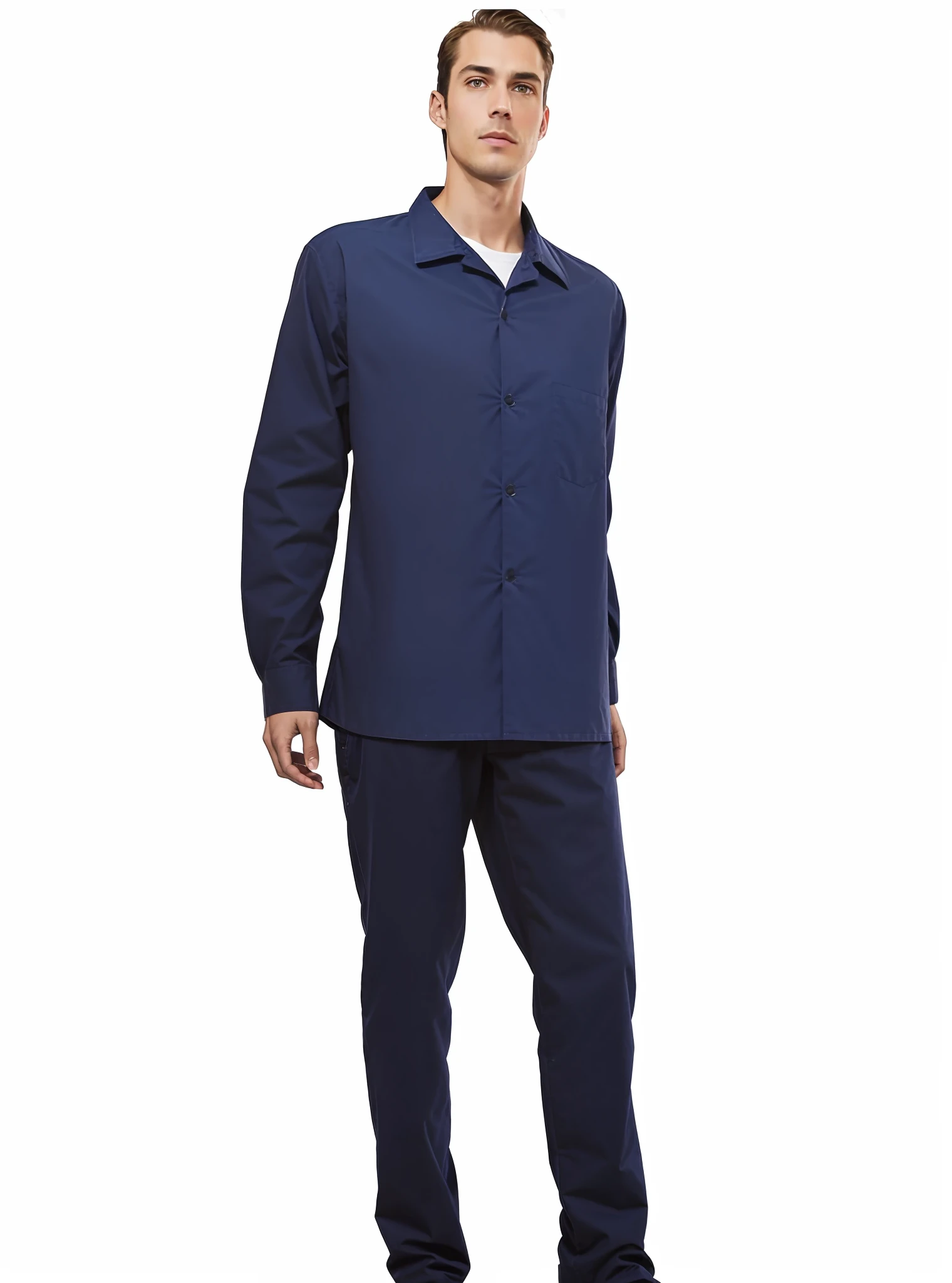 a closeup of a handsome man wearing a blue shirt and pants, more hair, perfect hands, with prison clothes, real dark blue clothes, work clothes, blue uniform, shamanistic dark blue clothes, work clothes, 3-piece, dark blue decorative clothes, navy blue, loose coat collar sailor uniform, navy, dark blue clothes, navy blue, sailor's clothes, navy shirt