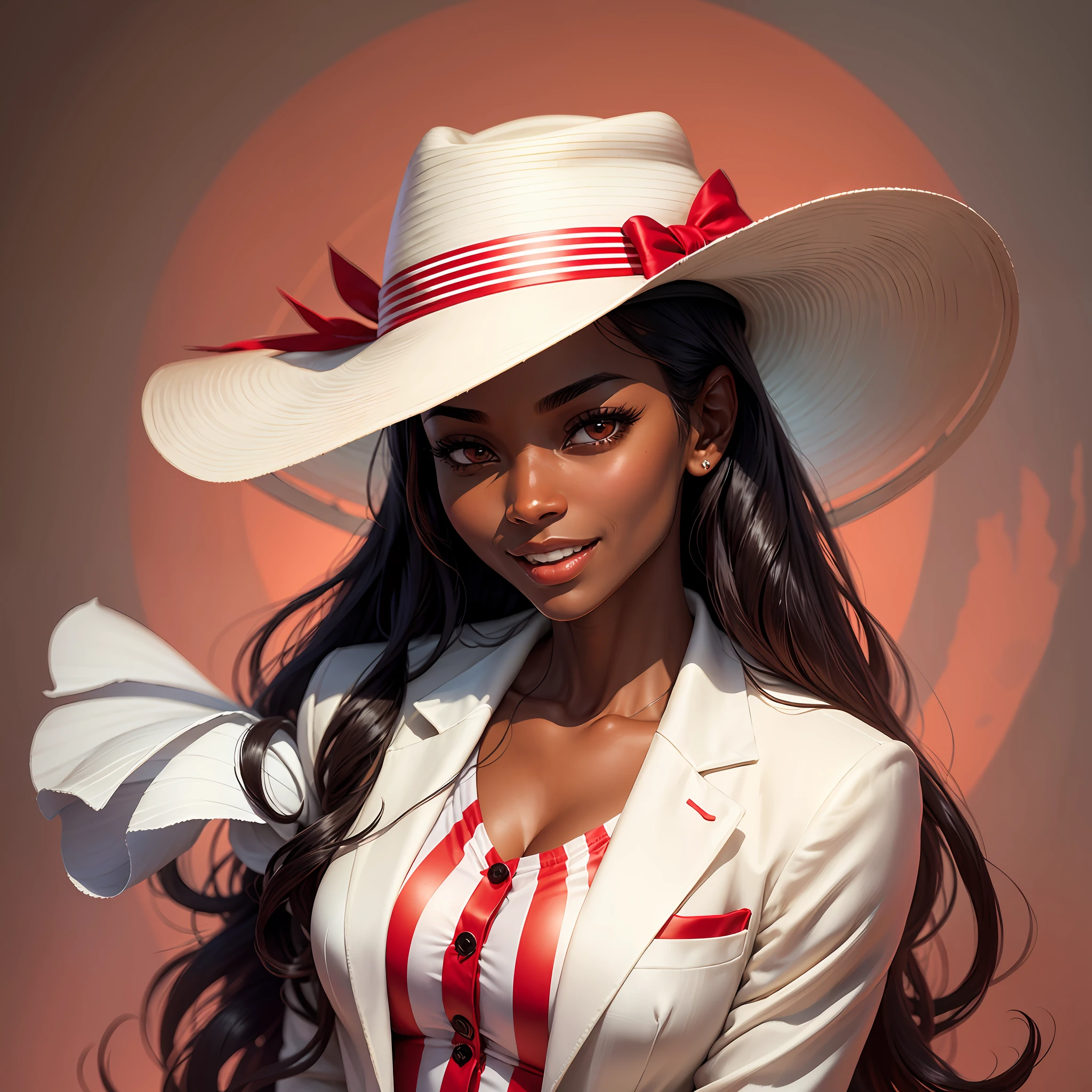 woman with a jovial and captivating appearance, dark skin, long dark hair, expressive and lively eyes, wearing a well-fitting white suit, underneath a red striped and white shirt, wearing a panama hat. --auto --s2