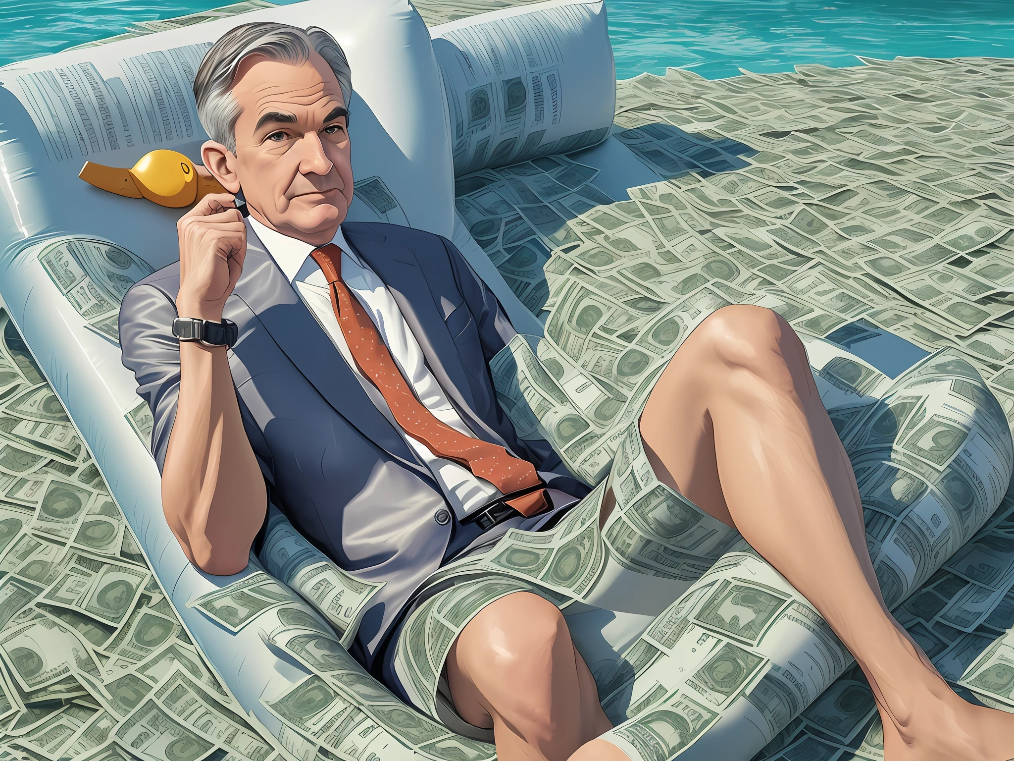 jerome powell realistic lying on an inflatable duck, swimming in sea of dollar bills -- style fantasy --auto --s2