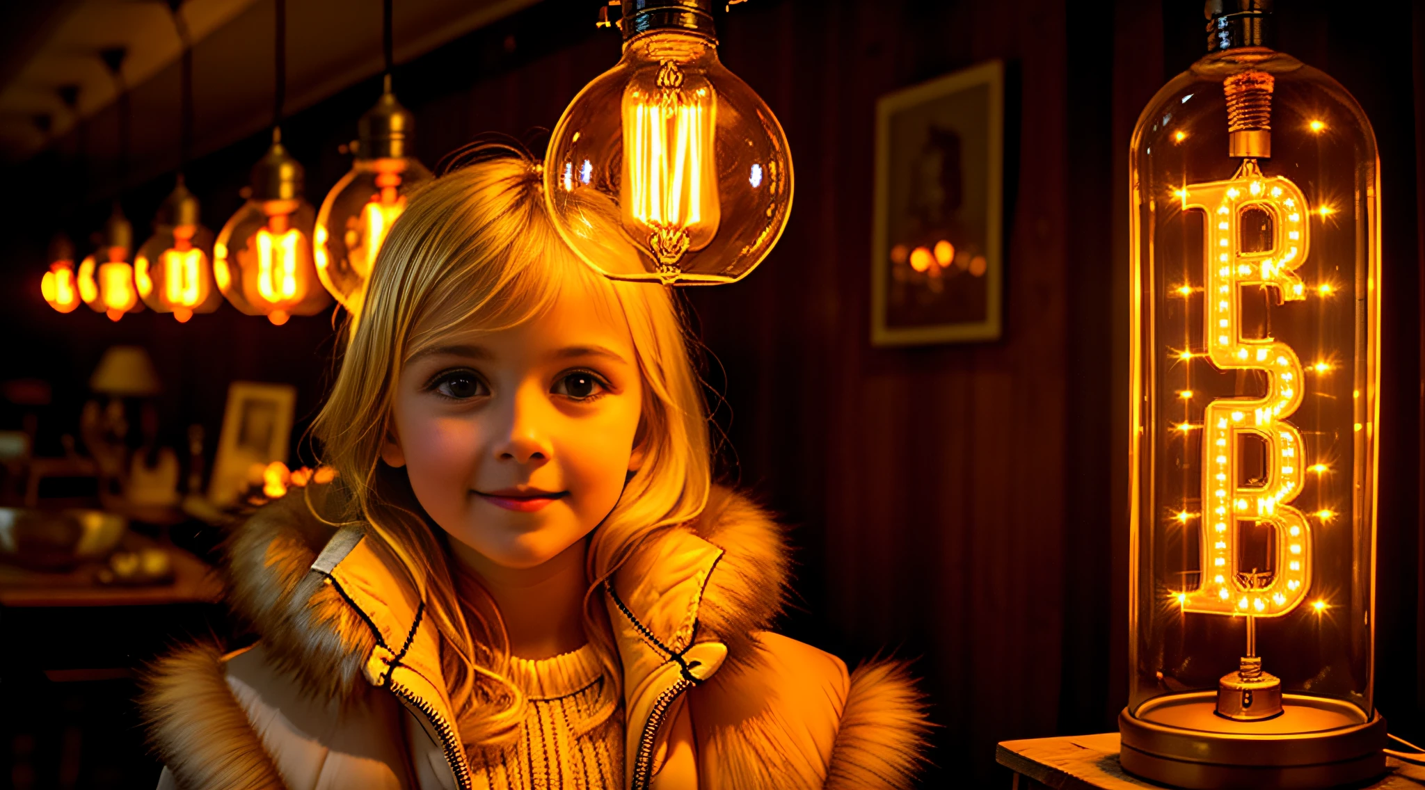 there is a GIRL CHILD 12 YEARS BLONDE CABEL SMOOTH BIG, PORTRAIT, WITH FUR COAT, a closeup of a lot of lamps hanging from a ceiling, nostalgic lighting, lamps, retro lights, some lamps, vibrant lighting, vibrant lights, various lighting climate, commercial lighting, industrial lighting, technological lights, creative lighting, lots of bright lights, cold hot lighting,  bright lamps, glass lamps, bright electric orange lights, warm lighting, nixie tubes