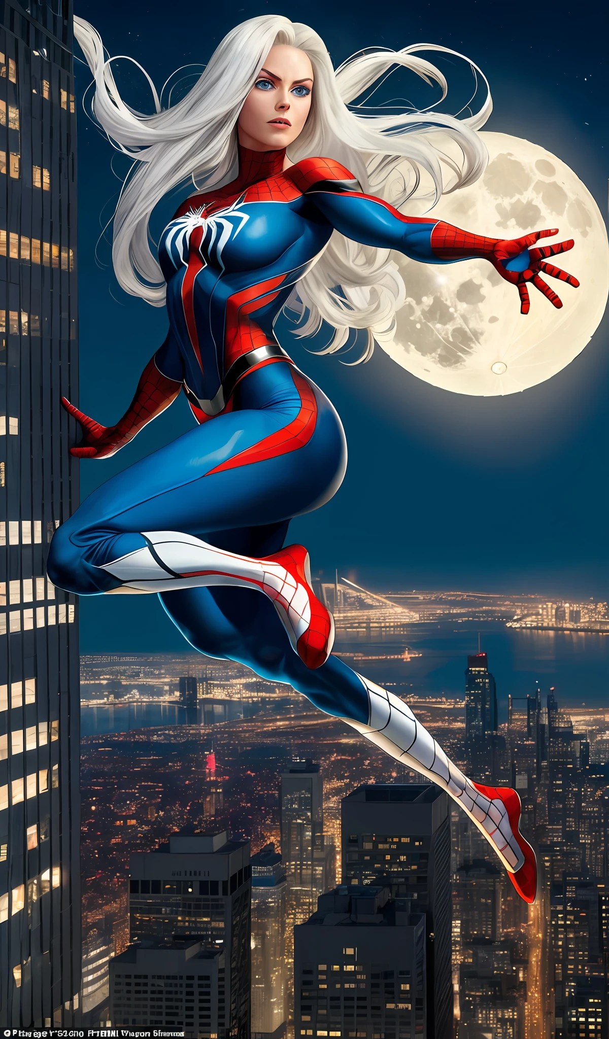 (Masterpiece, 4k resolution, ultra-realistic, very detailed), (White superhero theme, charismatic, there's a girl on top of town, wearing Spider-Man costume, she's a superhero), [ ((25 years), (long white hair:1.2), full body, (blue eyes:1.2), ((Spider-Man pose),show of strength, jumping from one building to another), ((sandy urban environment):0.8)| (cityscape, at night, dynamic lights), (full moon))] # Explanation: The Prompt mainly describes a 4K painting of ultra-high definition, very realistic, very detailed. It shows a superheroine at the top of the city, wearing a Spider-Man costume. The theme in the painting is a white superhero theme, the female protagonist has long white hair, is 25 years old and her entire body is shown in the painting. In terms of portraying the actions of superheroines, spiders are employed