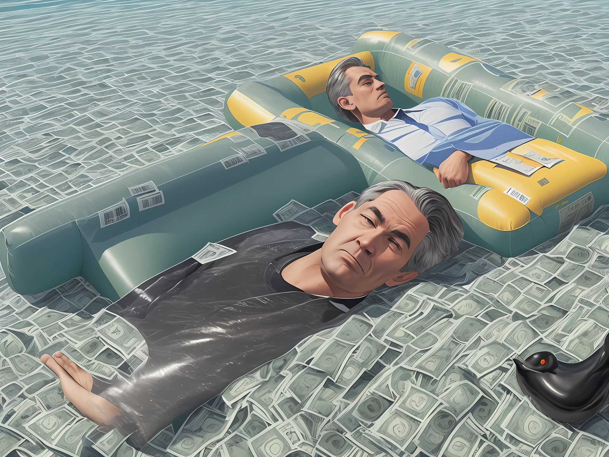 jerome powell realistic lying on an inflatable duck, swimming in sea of dollar bills -- style fantasy --auto --s2