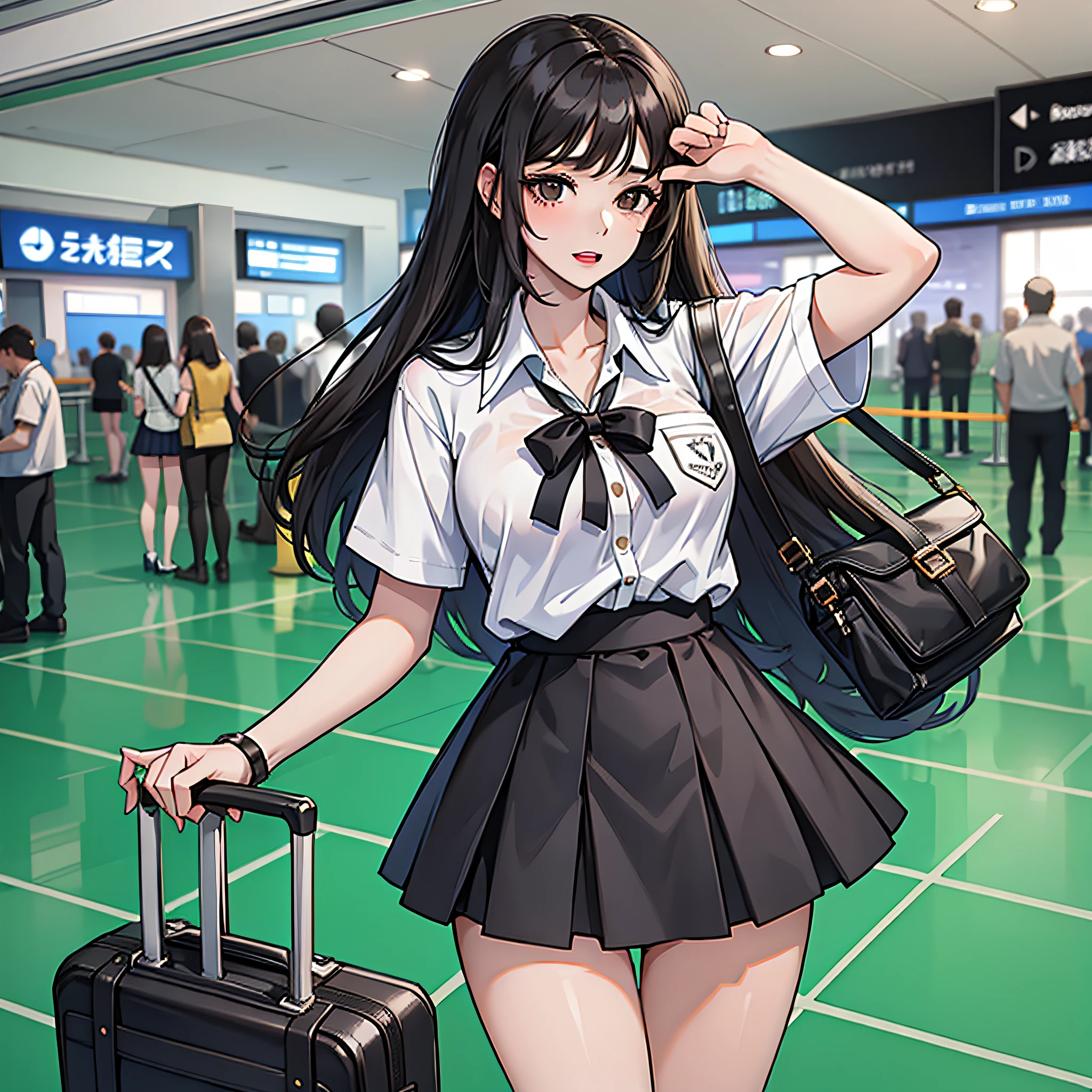1 woman, black hair, white skirt, airport, speechless