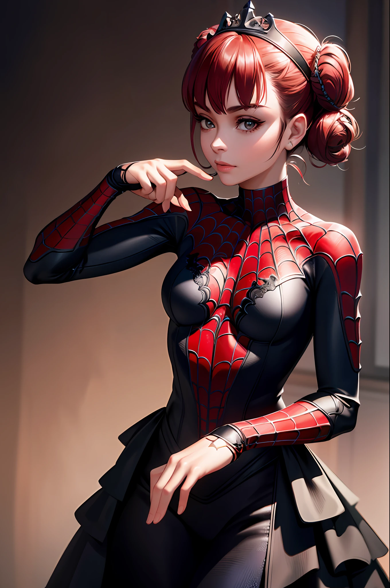 best quality,game cg,1girl, masterpiece, best quality, 8k, detailed skin texture, detailed cloth texture, beautiful detailed face, intricate details, ultra detailed, audrey hepburn, Spider-Man uniform, straight red hair, (Half body:1.2)