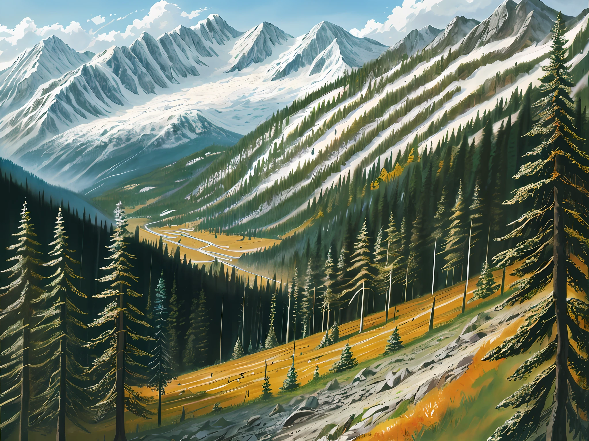 There is a rack ride through the mountains, drawn in Microsoft Paint, some mountains in the background, forest in the background, hills, mountain view, scenery outside the car window, some trees, in the mountains, landscape illustration, overlook