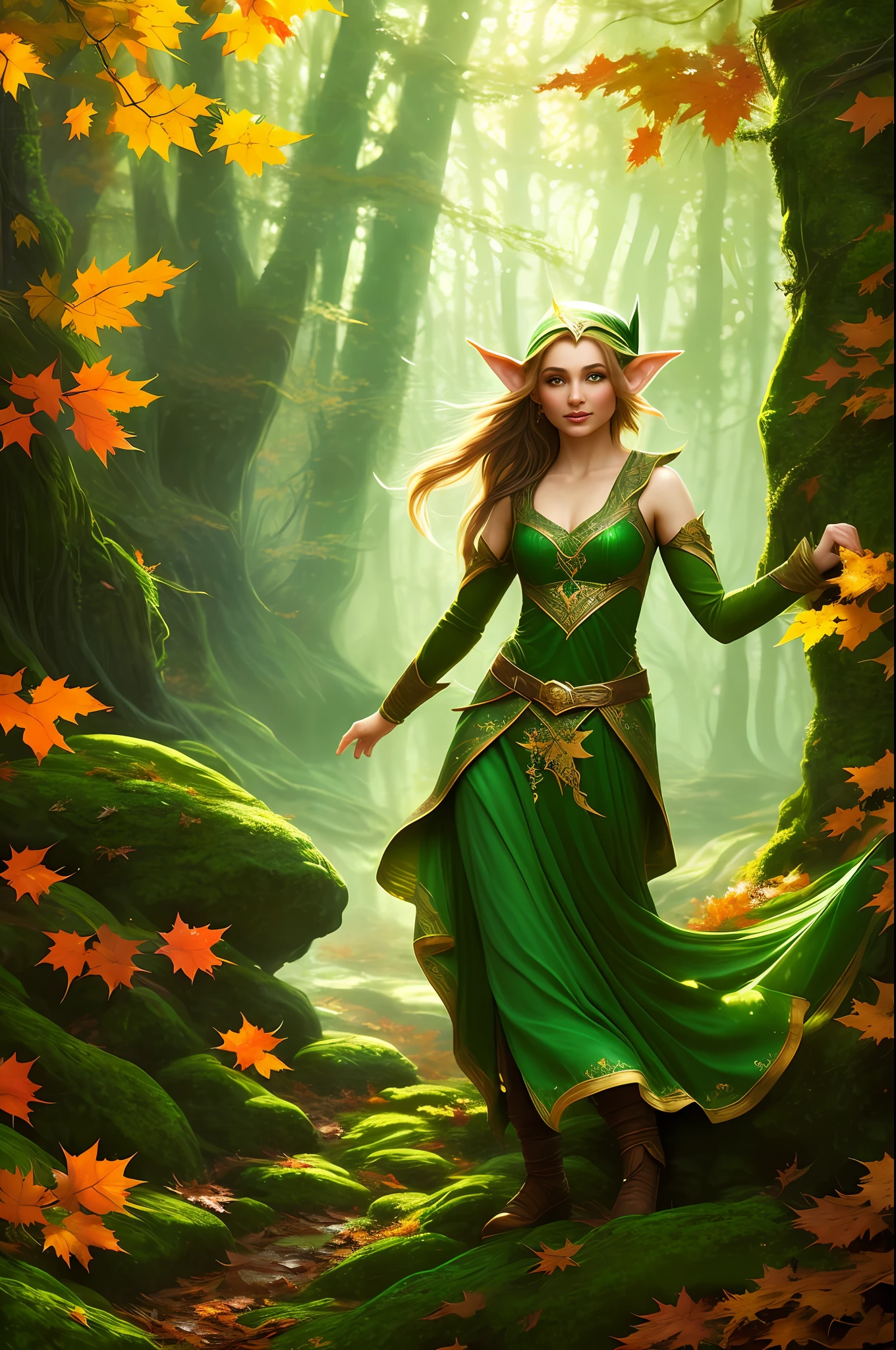 'an elf in a Autumn forest' dancing in the style of kobe kasner, in the style of lush detailing, distinctive noses, detailed fantasy art, traditional oceanic art, high detailed, close-up, light gold and green