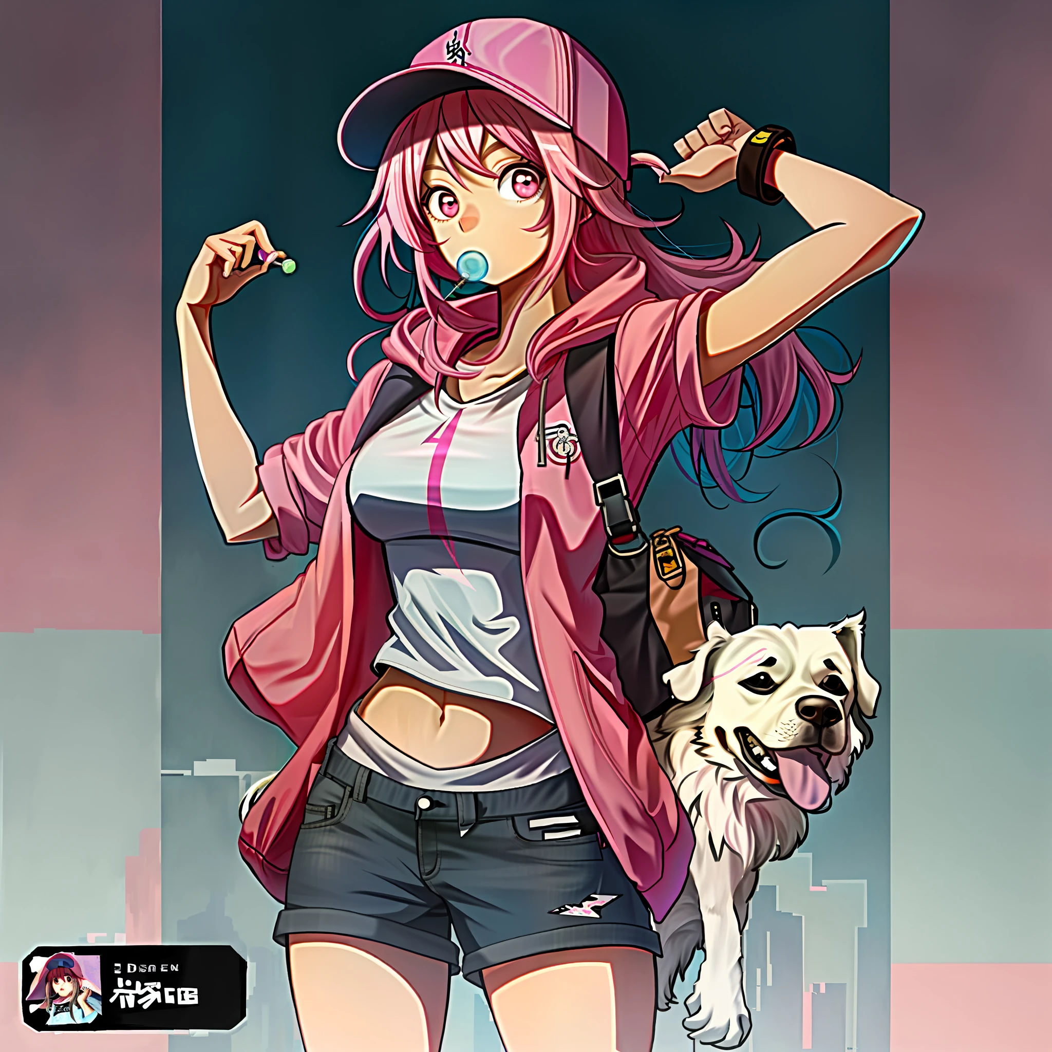 girl, sitting on the floor, long pink hair, in a cap, sweatshirt, denim shorts, bored face, sucking lollipop, with dog in her bag