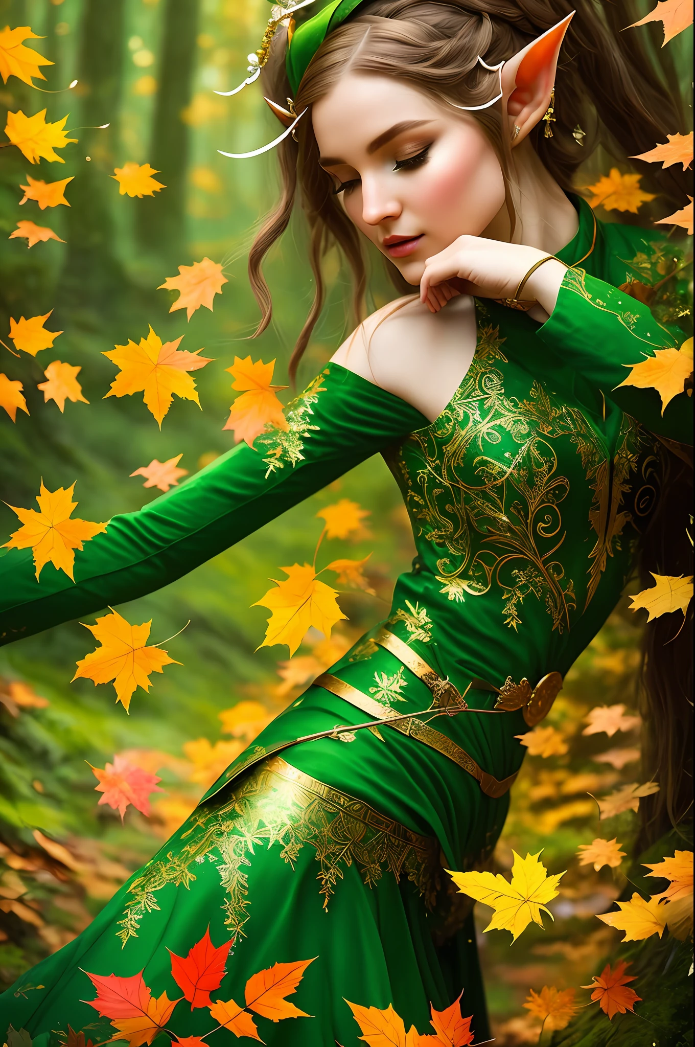 'an elf in a Autumn forest' dancing in the style of kobe kasner, in the style of lush detailing, distinctive noses, detailed fantasy art, traditional oceanic art, high detailed, close-up, light gold and green