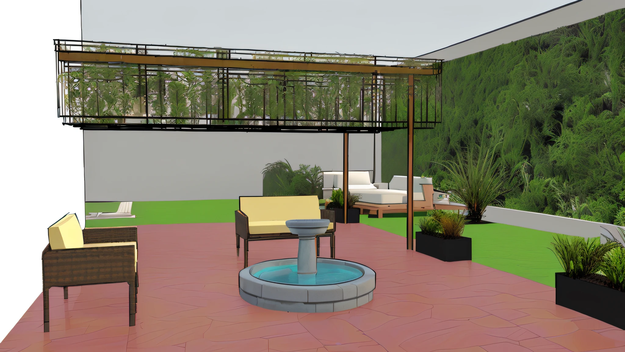 a rendering of a patio with a fountain and a pergolated wall, enscape render, outdoor design, detailed rendering, 3 d rendered, 3d rendered, 3 d rendering, 3d rendering, roof garden, green terrace, 3d final render, concept house, conceptual rendering, 3d rendered model, patio, residential design, rendered 3d model, set design