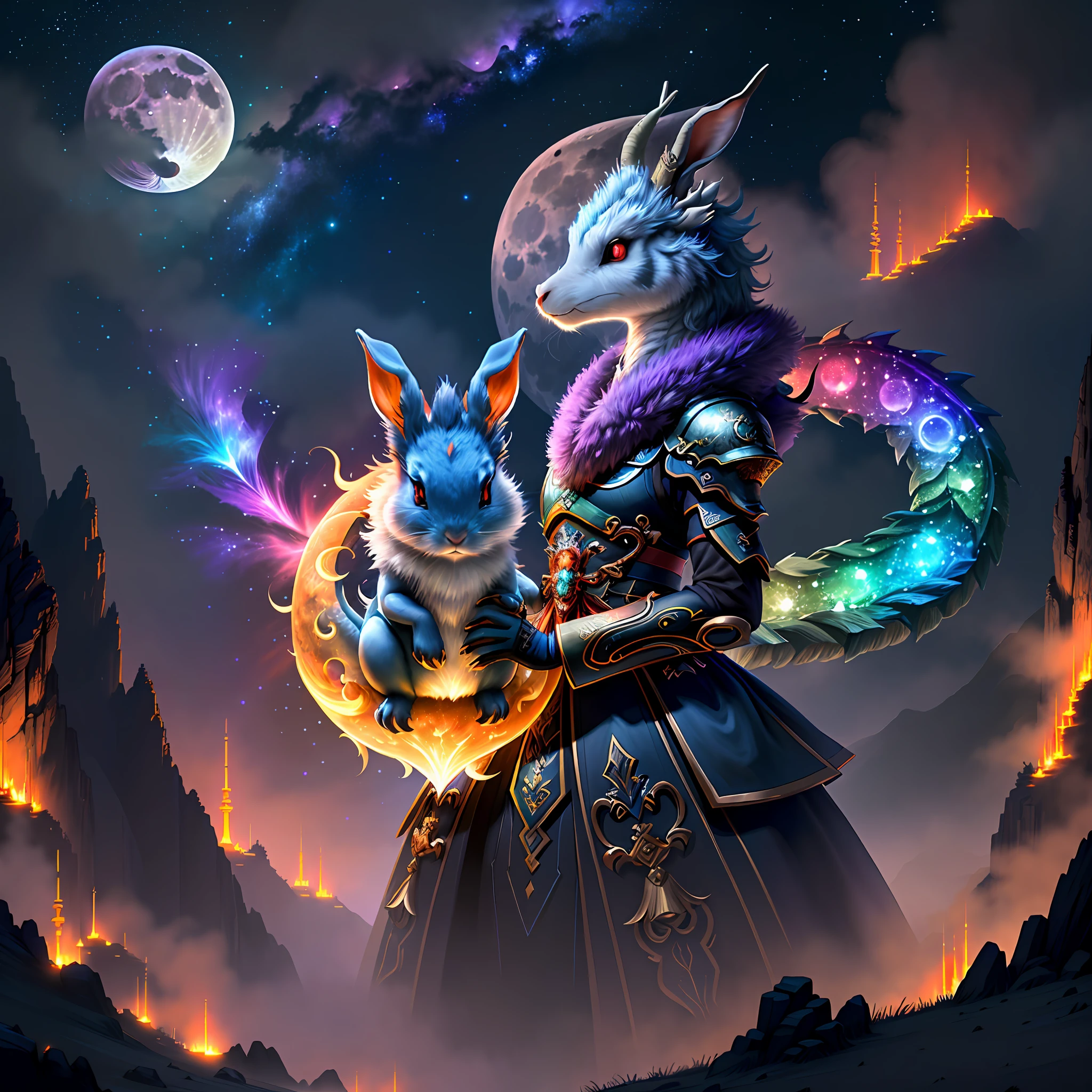 Vast landscape photos, (looking at the sky and the wilderness below), "A rabbit, magical, anthropomorphic, girl, angry expression, glowing eyes, Wanruo mask, Hanfu, background of ancient Chinese streets, night." Genshin Impact Impact, Best Quality, High Detail, High Quality, Ultra High Resolution, OC Rendering, 8K" Standing in a Flower Field and Looking Up, (Full Moon: 1.2), (Meteor: 0.9), (Nebula: 1.3), Far Away Mountains, Tree Breaking Making Art, (Warm Source: 1.2), (Firefly: 1.2), Lights, Purple and Orange, Intricate Details, Volumetric Lighting BREAK (Masterpiece: 1.2), (Highest Quality), 4K, Ultra Detailed, (Dynamic configuration: 1.4), Highly detailed and colorful details (rainbow color: 1.2), (Sparkling lighting, atmospheric lighting), Dreamy, magical, (Solo: 1.2), (Ying Dragon God), (Through the clouds), (Top of the mountains), (Complex), (Super Detail), (Starry Sky Background), (Stout Limbs), (Moon Night), (Ultra Clear), (Best Quality),