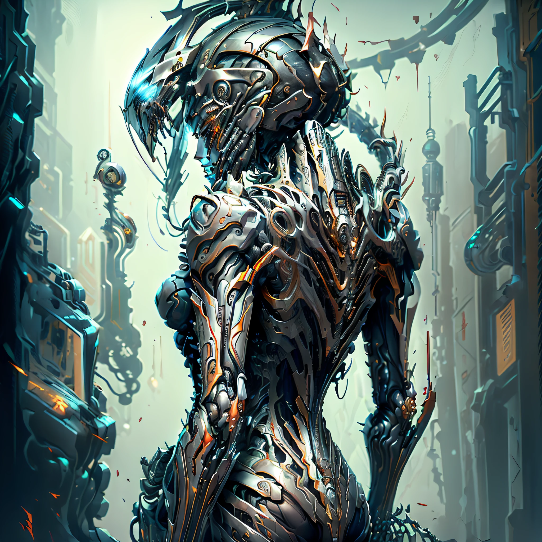 (((Masterpiece))), ((Best Quality)), (Super Detail), (CG Illustration), (Very Evil and Beautiful)), Cinematic Light, ((1 Mechanical Girl)), Single, (Mechanical Art: 1.4), ((Mechanical Limb)), ((Mechanical Spine Attached to the Back)), ((Mechanical Cervical Vertebrae Attached to the Neck), (Back to the Viewer)), Inexpressive, ( Wires and Cables Attached to the Head and Body: 1.5), Science Fiction, Apocalypse, Ruins, (Lower Body, integrated with mechanical devices), (Blood: 1.5), Cruelty, Absurdity, Erotica, Merging with machines, Doomsday Time, Super Future, Inorganic, Laboratory, Restraint, (Beautiful Indulgence: 1.2), (1 girl: 1.3), Body wrapped around mechanical tentacles, bottom view