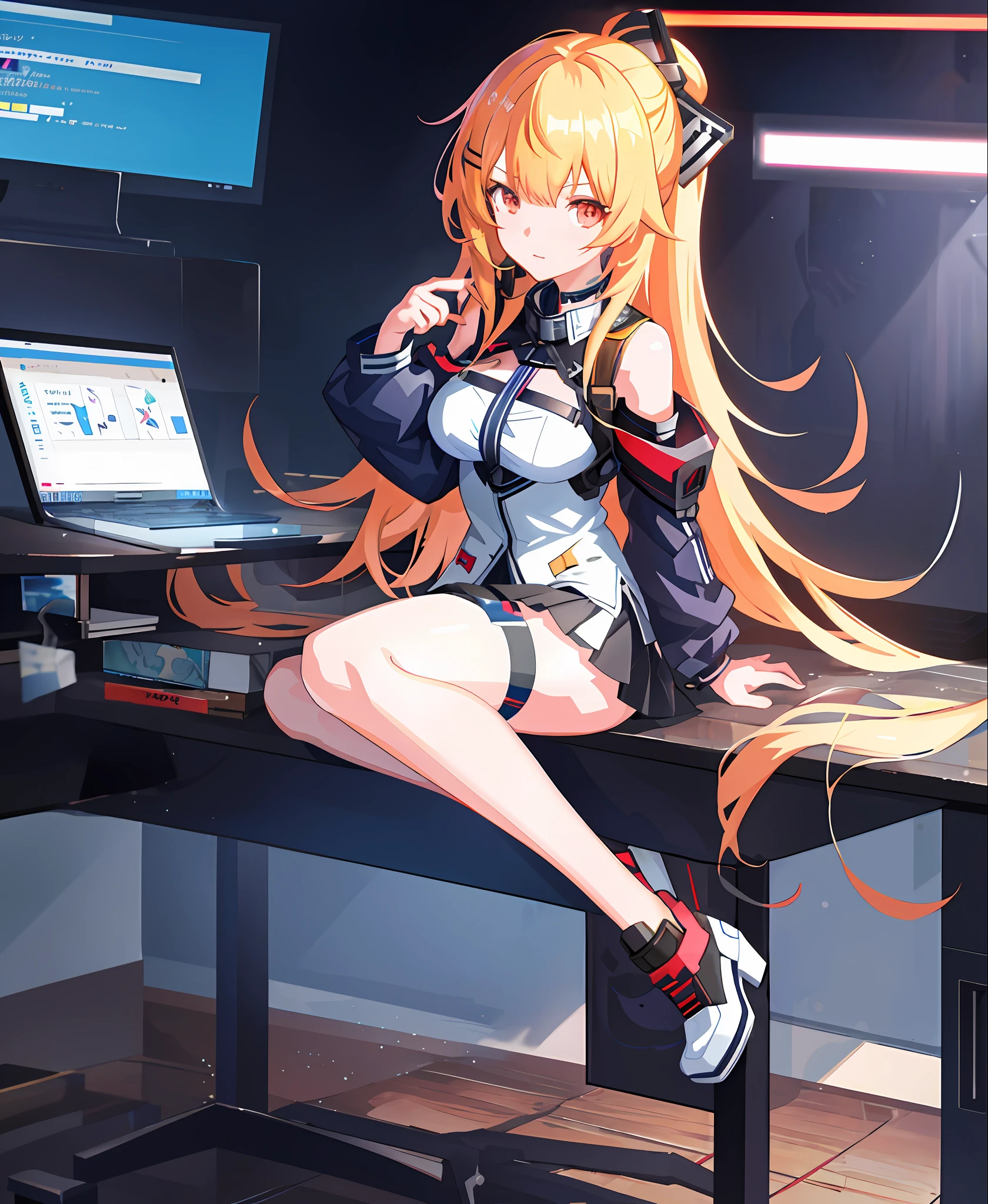 anime girl sitting in front of a computer desk with multiple monitors, cyber school girl, girls frontline style, from girls frontline, seductive anime girl, anime moe artstyle, girls frontline universe, girls frontline cg, digital anime illustration, anime style 4 k, best anime 4k konachan wallpaper, fine details. girls frontline, ig studios anime style
