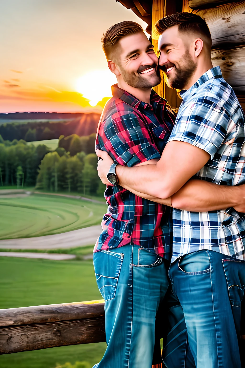 Two lumberjack-style men, mature, in plaid shirts and battered jeans with lumberjack boots. The men are hugging and kissing passionately. Romantic scene on a wooden balcony on a farm at sunset. The sky is yellowish, reddish and orange. Photorealistic scene, super detailed and realistic. Desfowue background. 8k