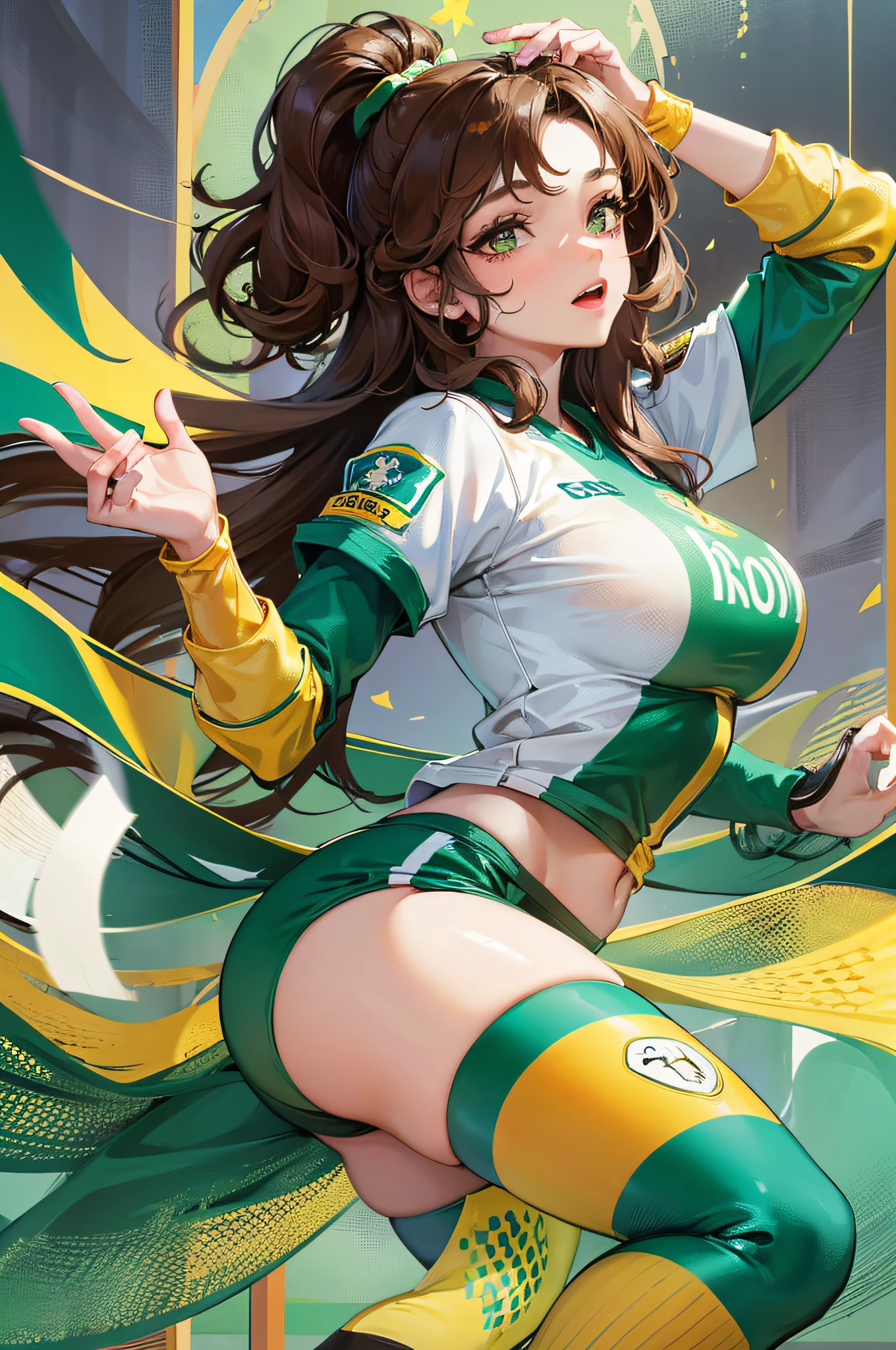 A detailed and charming description of a girl dressed as a sexy soccer player with a delicate look. Her curly brown hair falls softly over her shoulders, complementing her vibrant appearance. Wearing a uniform in the colors green and yellow, adorned with the flag of Brazil, she exudes confidence and passion for the sport. Sent on the football field, her pose is graceful and relaxed, conveying an air of intuition and grace --auto --s2