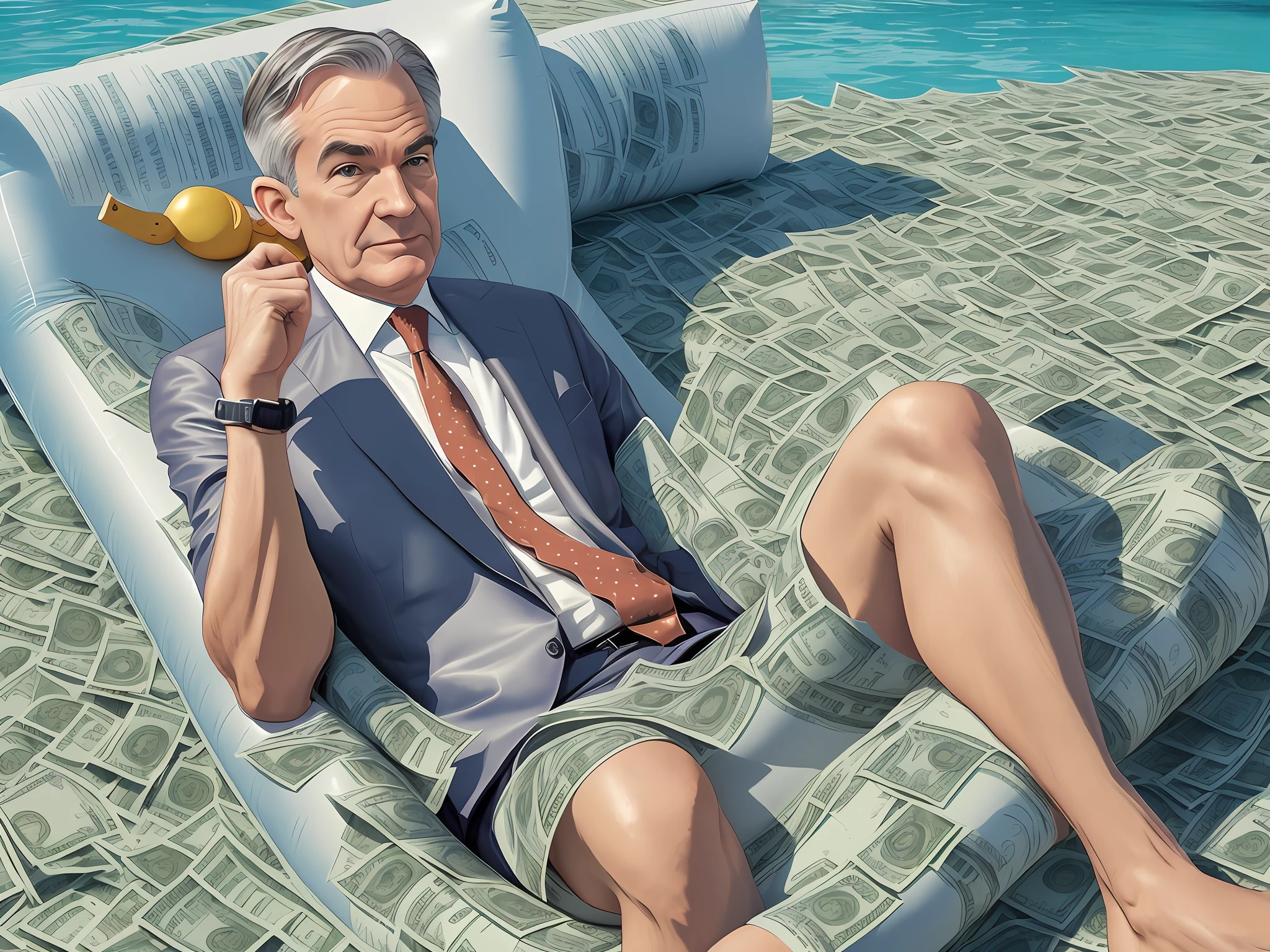 jerome powell realistic lying on an inflatable duck, swimming in sea of dollar bills -- style fantasy --auto --s2