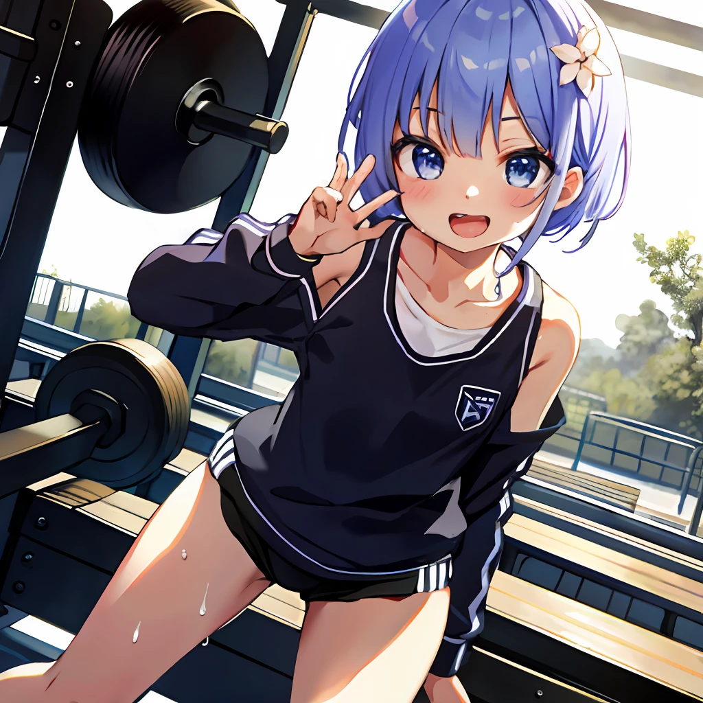 (Absurd, Masterpiece, High Definition, Very Beautiful Girl, Very Detailed Face and Eyes:1), (Cute: 1.4), Light Effects, One Girl, Solo, Tips, Big, Stick Out Your Tongue, Petite, :d, Look Away, Bloomers, Gym Clothes, Sweat, Sheer-through, Outdoor, Playground, Summer, Side Tail, Pull Up Gym Clothes, Ruffled Bra