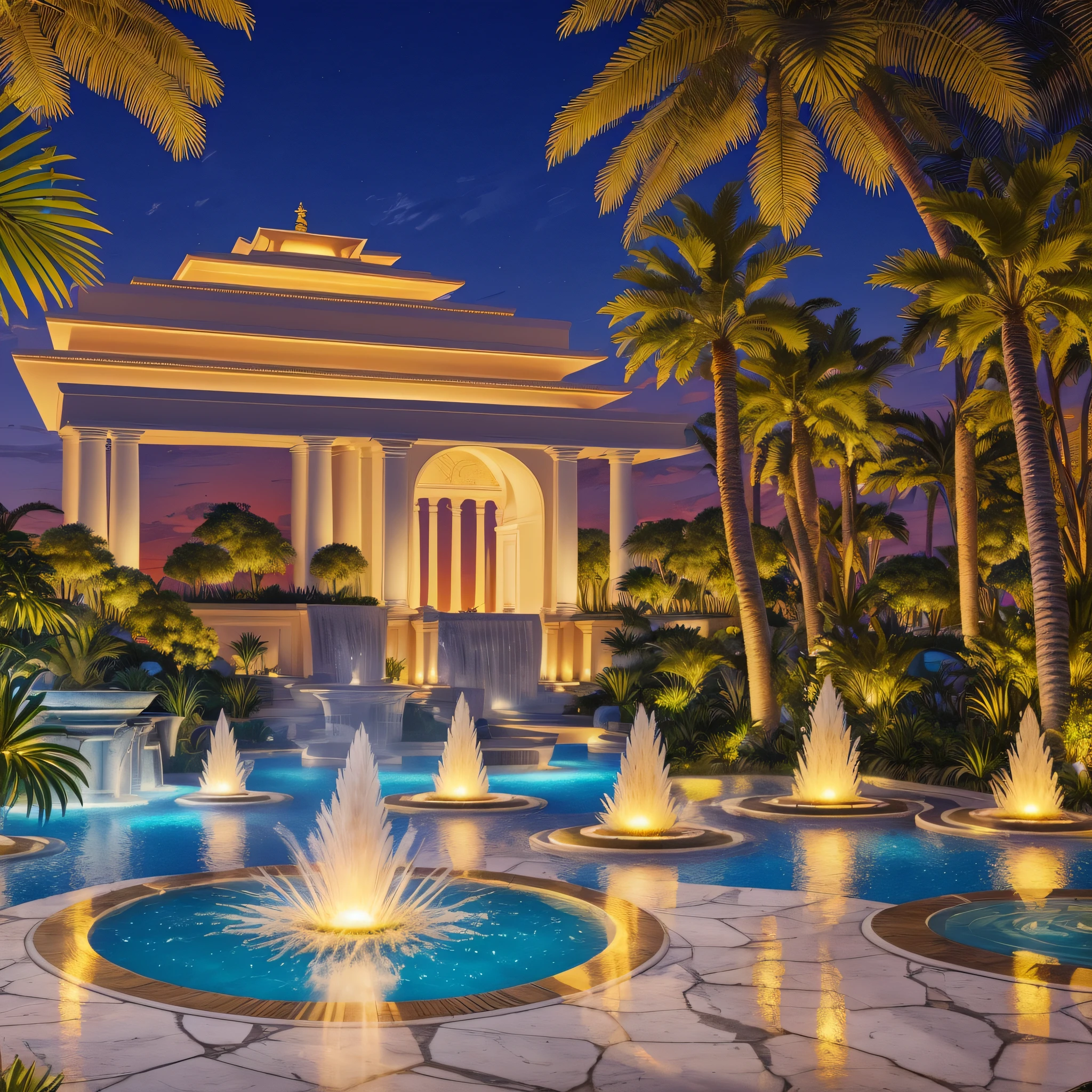 garden of babilonia with thermal waters and fountains, white marble pilasters, palm trees in the environment, futuristic pyramids with gold details, at night, with lit torches --auto --s2