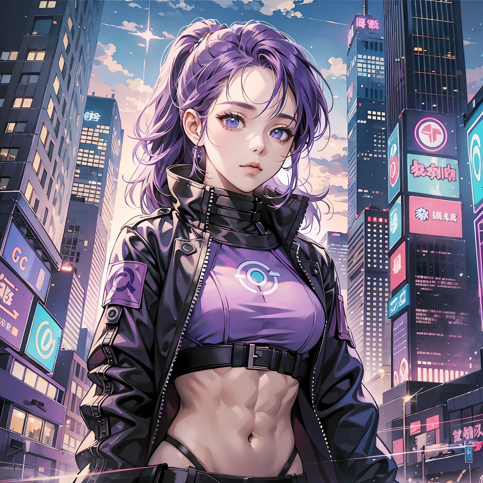 Cyberpunk, anime like, portrait, purple hair, woman, city at night, vaporizer background, blue backlight, sci-fi clothes, downtown, photo of body, abs --auto --s2