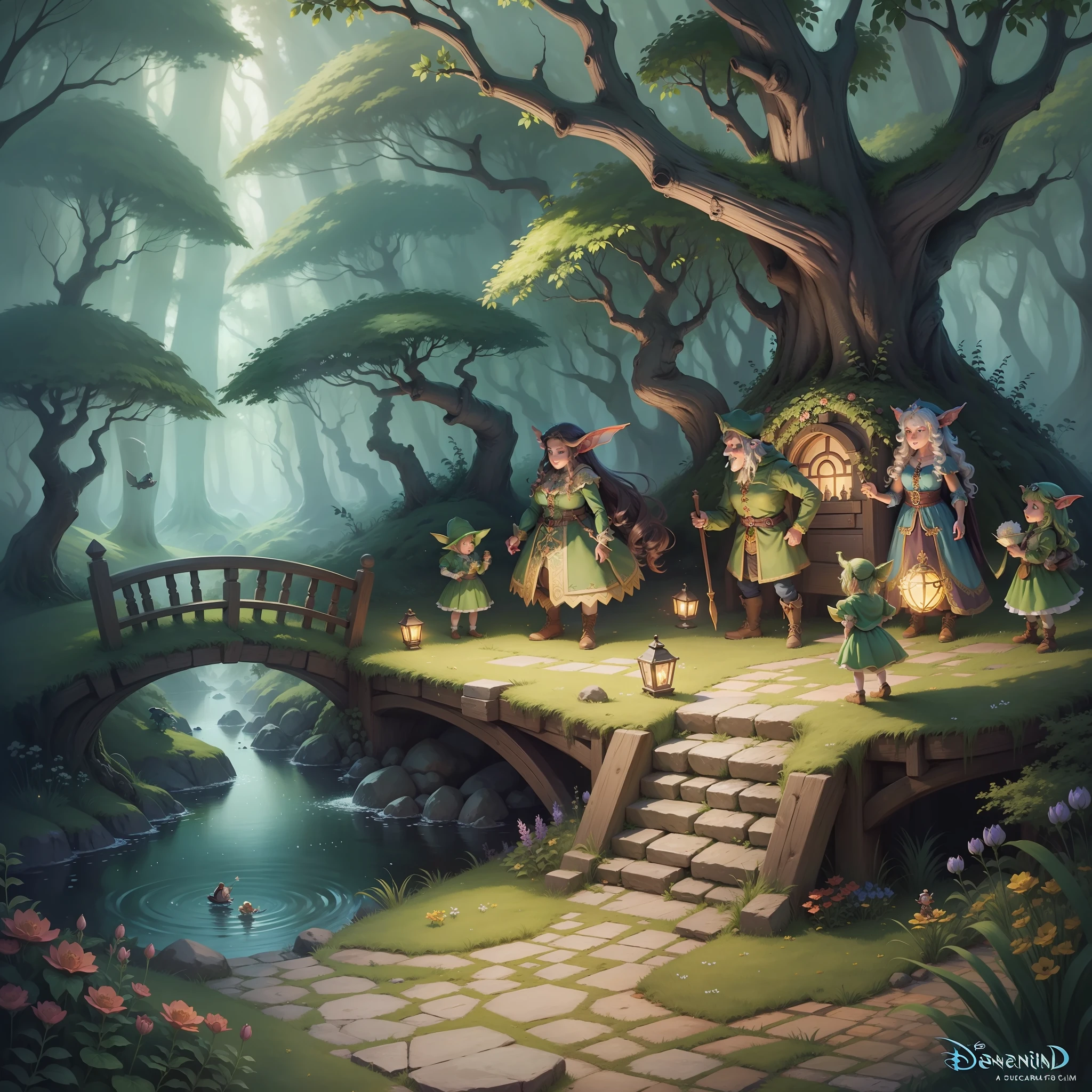 enchanted forest senario, with fairies, goblins, dwarfs, disney drawing style --auto --s2