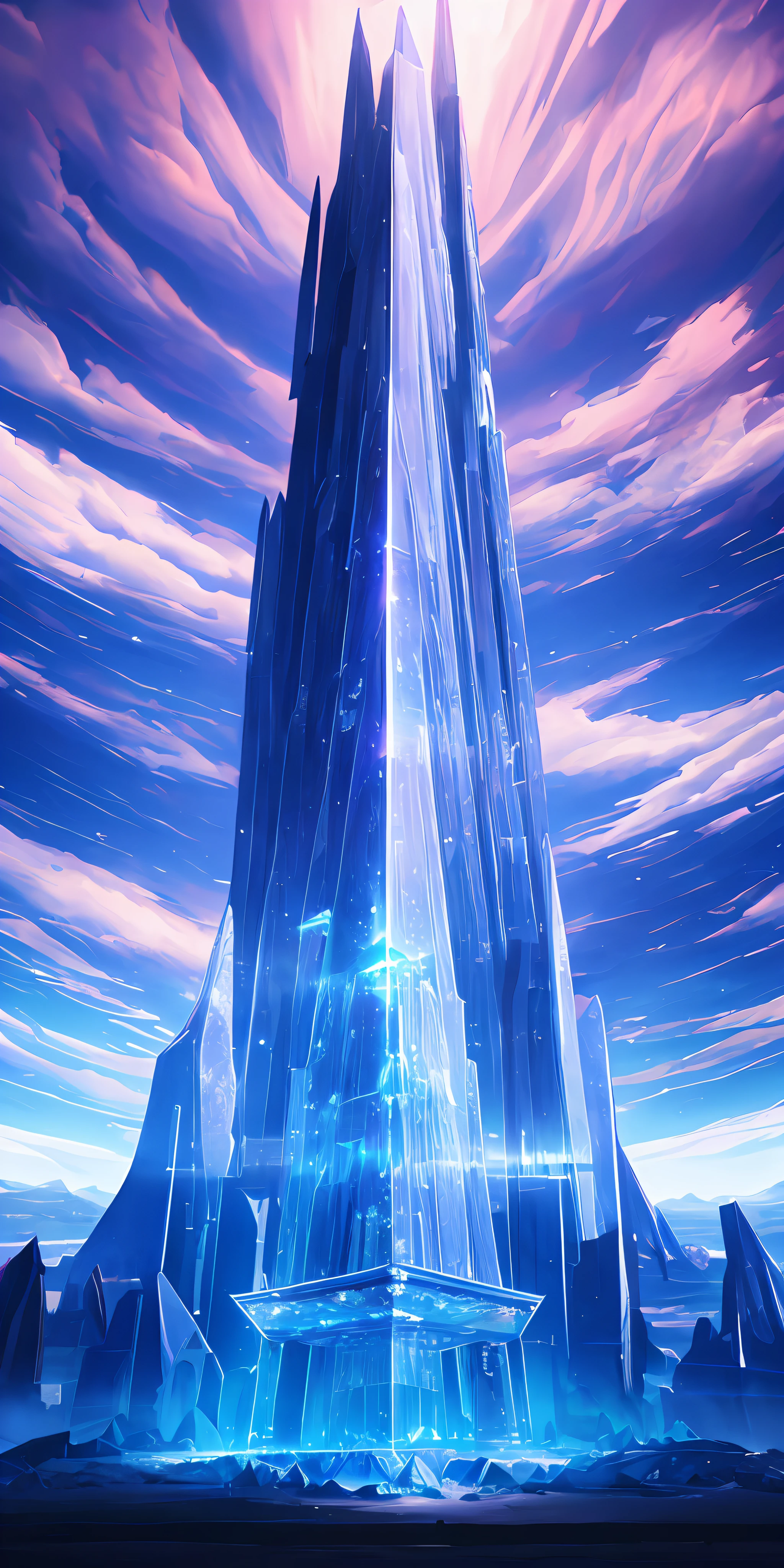Illustration of a surreal, otherworldly, super sky scene, including a crystal tower reaching to the sky, textured high detail, 8k, best quality