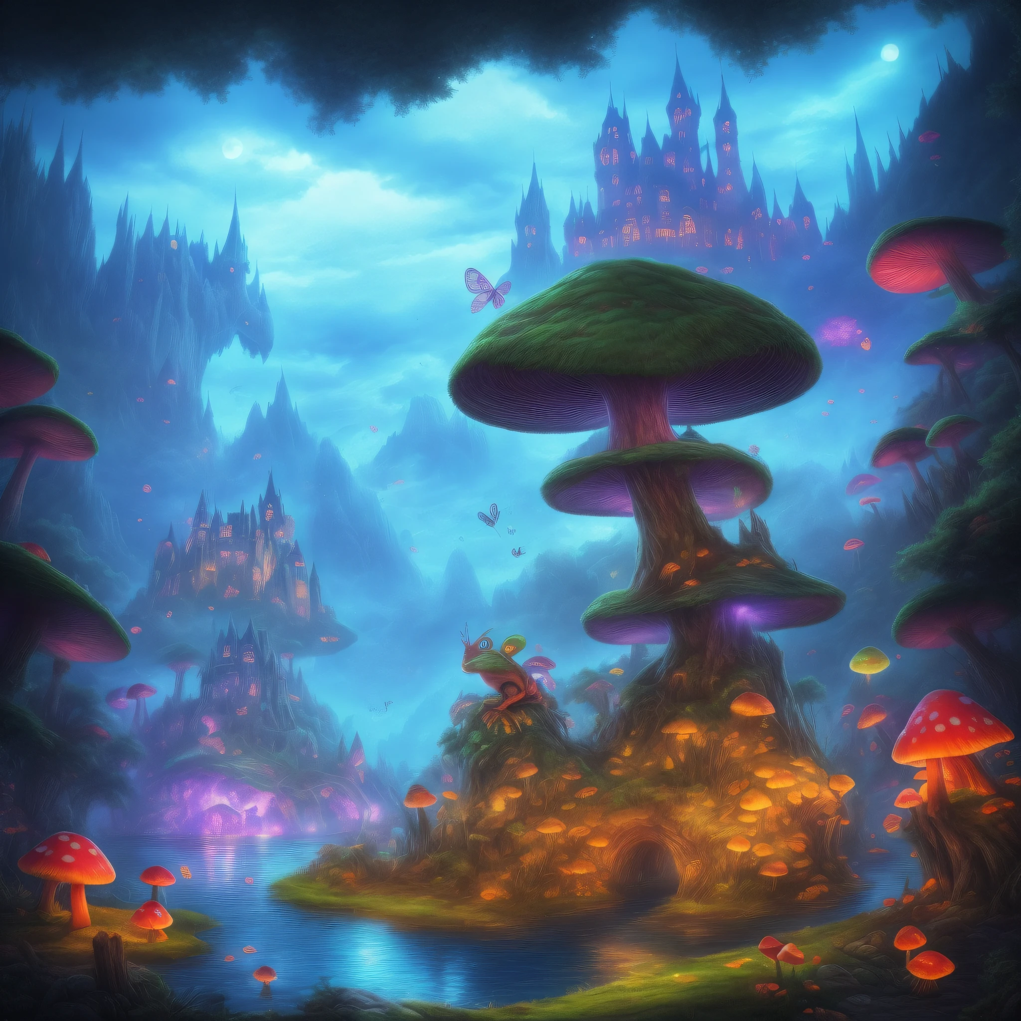 (RAW photo: 1.2), (photorealistic: 1.4), (masterpiece: 1.3), (best quality: 1.4), ultra high res, colorful world, fantasy, castle, giant mushrooms, glow, glow, fog, fantasy world, road, lake, frog, snake, fireflies, butterflies, moths, crickets, dragonflies