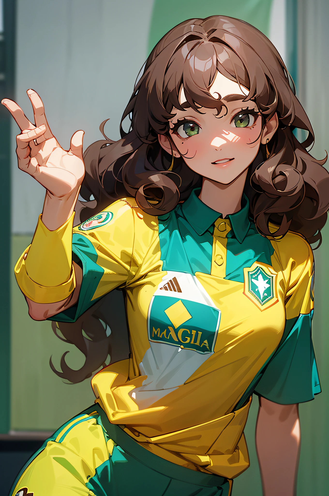 A detailed and charming description of a girl dressed as a sexy soccer player with a delicate look. Her curly brown hair falls softly over her shoulders, complementing her vibrant appearance. Wearing a uniform in the colors green and yellow, adorned with the flag of Brazil, she exudes confidence and passion for the sport. Sent on the football field, her pose is graceful and relaxed, conveying an air of intuition and grace --auto --s2