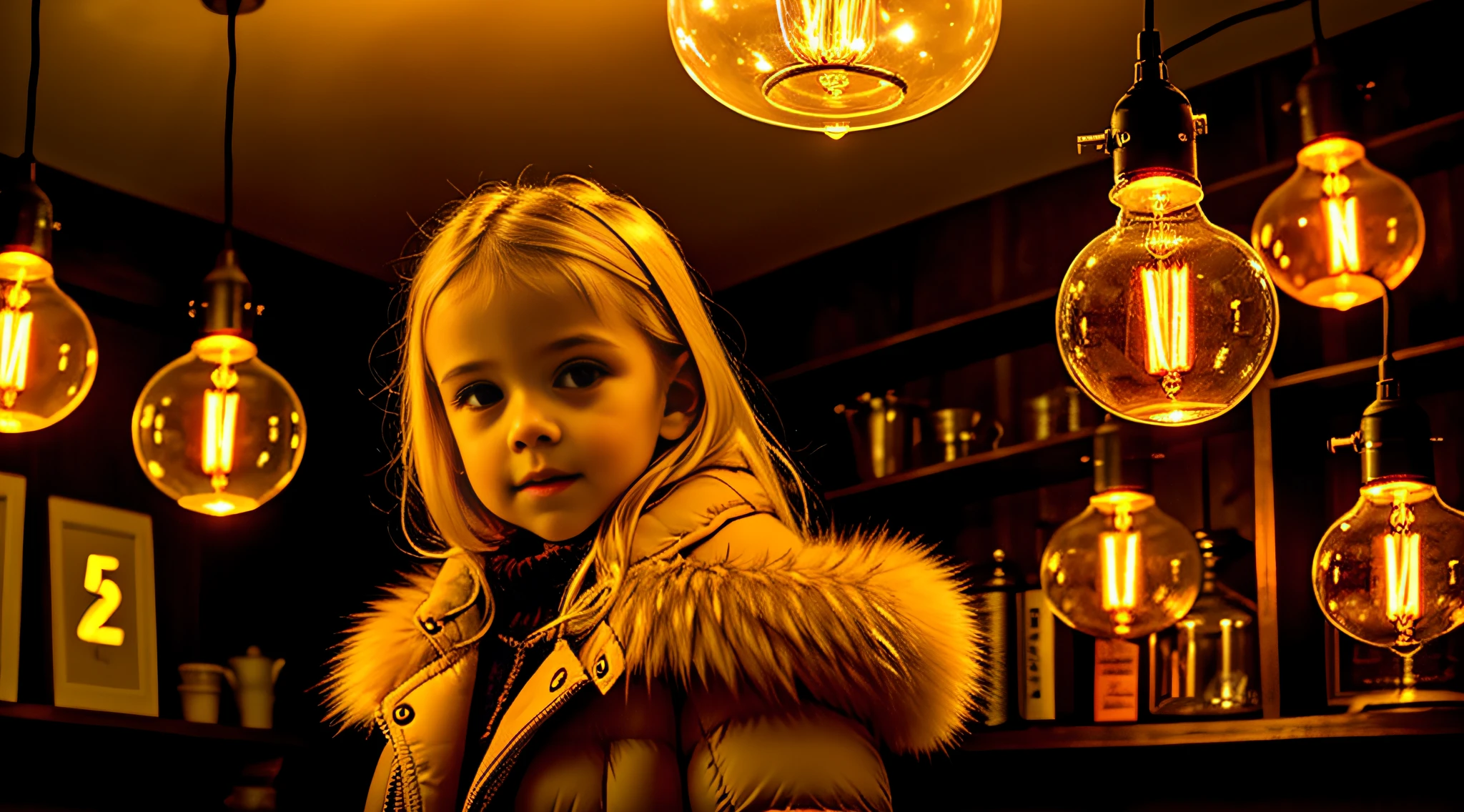 there is a GIRL CHILD 12 YEARS BLONDE CABEL SMOOTH BIG, PORTRAIT, WITH FUR COAT, a closeup of a lot of lamps hanging from a ceiling, nostalgic lighting, lamps, retro lights, some lamps, vibrant lighting, vibrant lights, various lighting climate, commercial lighting, industrial lighting, technological lights, creative lighting, lots of bright lights, cold hot lighting, bright lamps, glass lamps, bright electric orange lights, warm lighting, nixie tubes