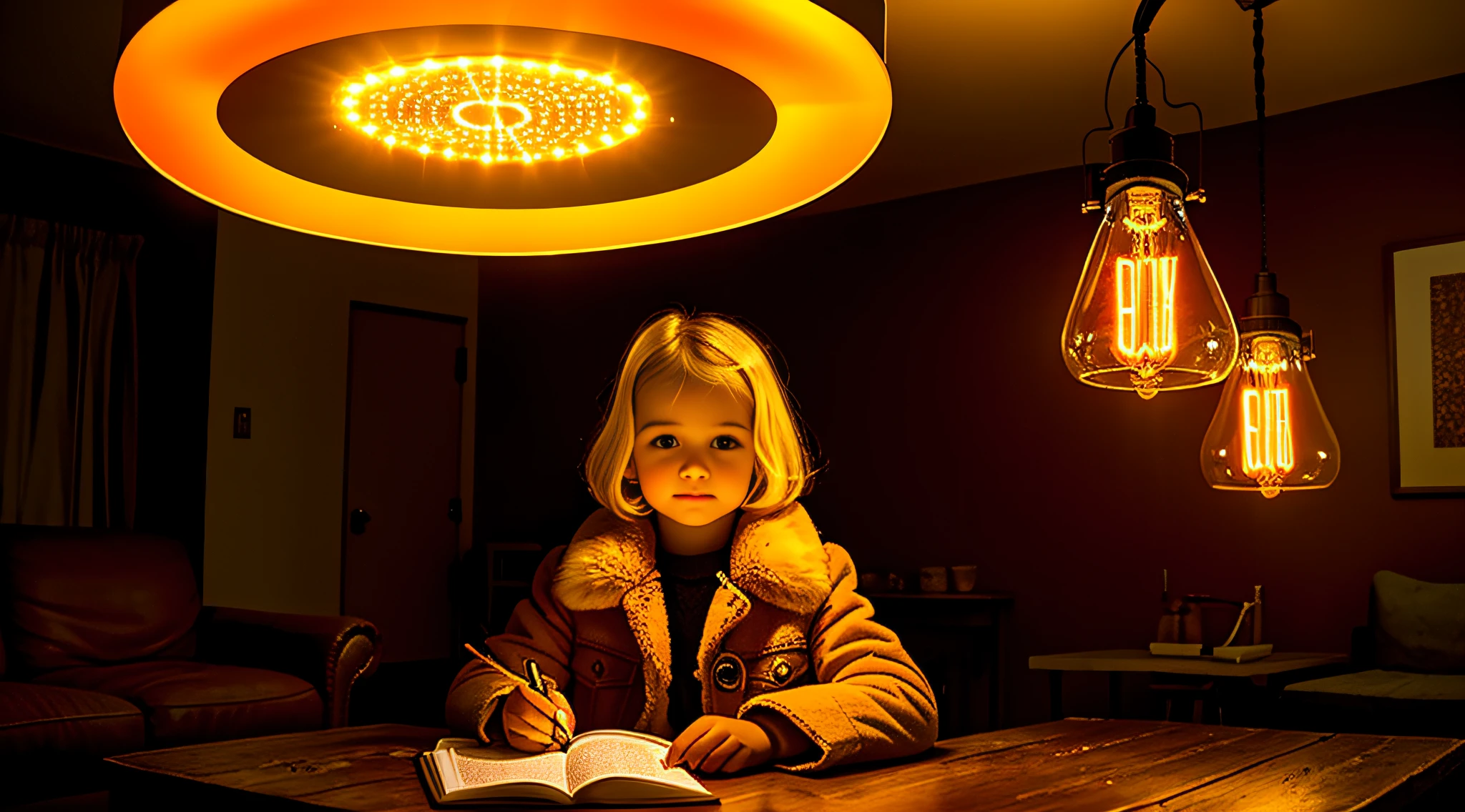 there is a GIRL CHILD S BLONDE CABEL SMOOTH BIG, PORTRAIT, WITH FUR COAT, a closeup of a lot of lamps hanging from a ceiling, nostalgic lighting, lamps, retro lights, some lamps, vibrant lighting, vibrant lights, various lighting climate, commercial lighting, industrial lighting, technological lights, creative lighting, lots of bright lights, cold hot lighting, bright lamps, glass lamps, bright electric orange lights, warm lighting, nixie tubes