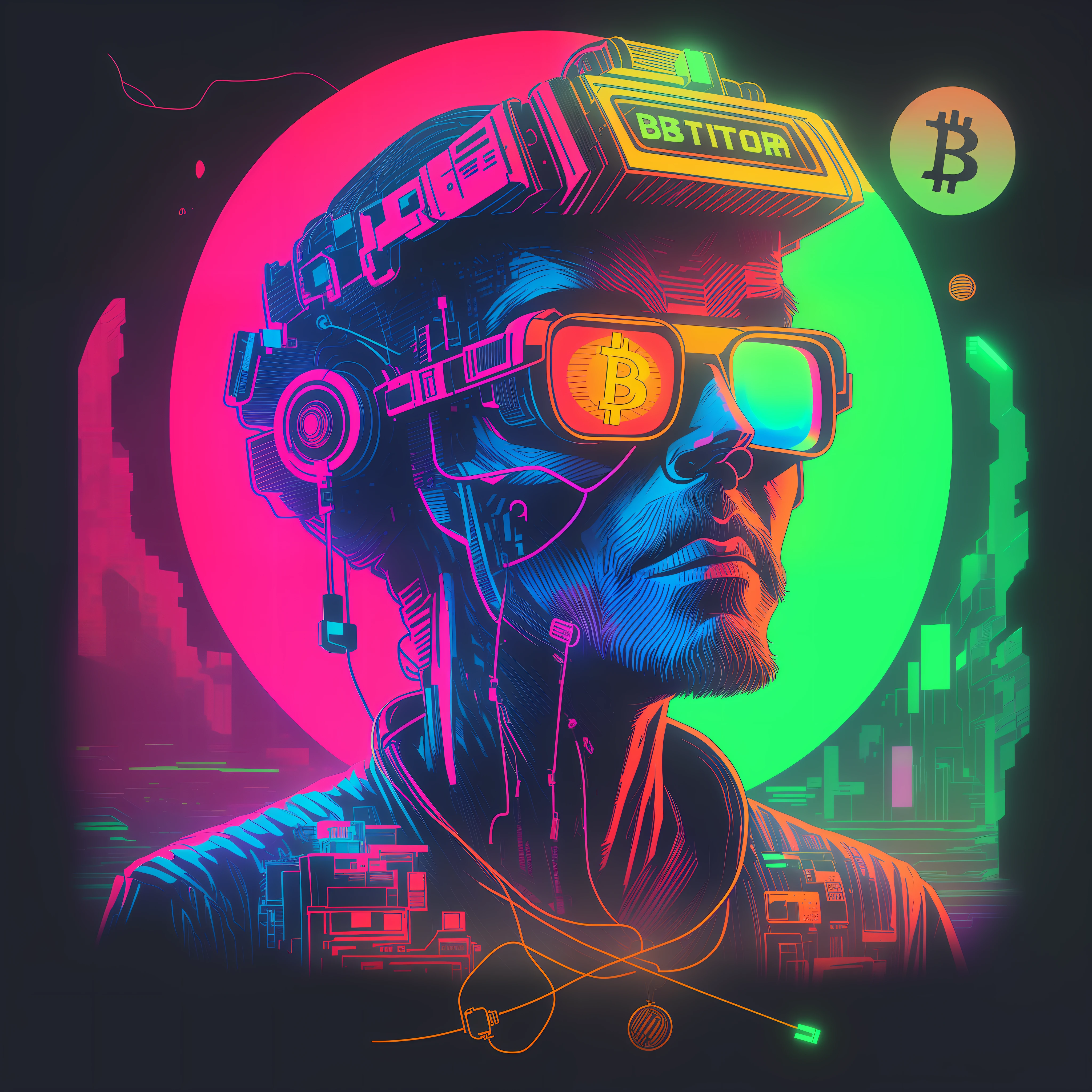 a close up of a person wearing a virtual reality headset printed or holding bitcoin, cyberpunk art style, detailed cyberpunk illustration, neonpunk, cyberpunk artstyle, synthwave art style, cyberpunk vibrant colors, synthwave art, cyberpunk dude, masterpiece epic retrowave art, synthwave art style ]!!, neon operator, neon cyberpunk, epic retrowave art,neon bitcoin floating,bitcoin raining,Satoshi bit coin