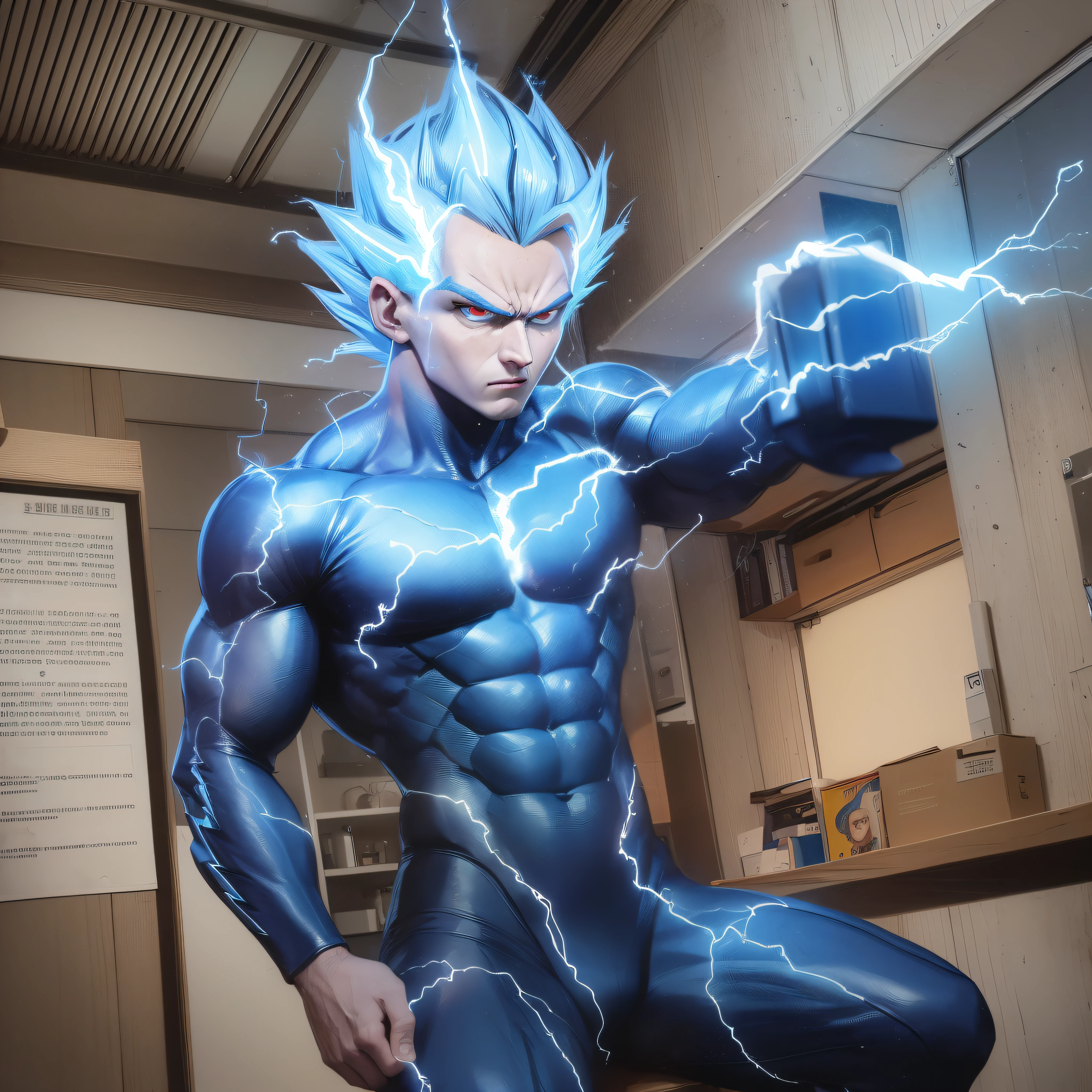 (masterpiece:1.2), better quality, Vegeta super Saiyan blue, blue hair (Blue Lightning:1.3) pointing at himself. --auto --s2
