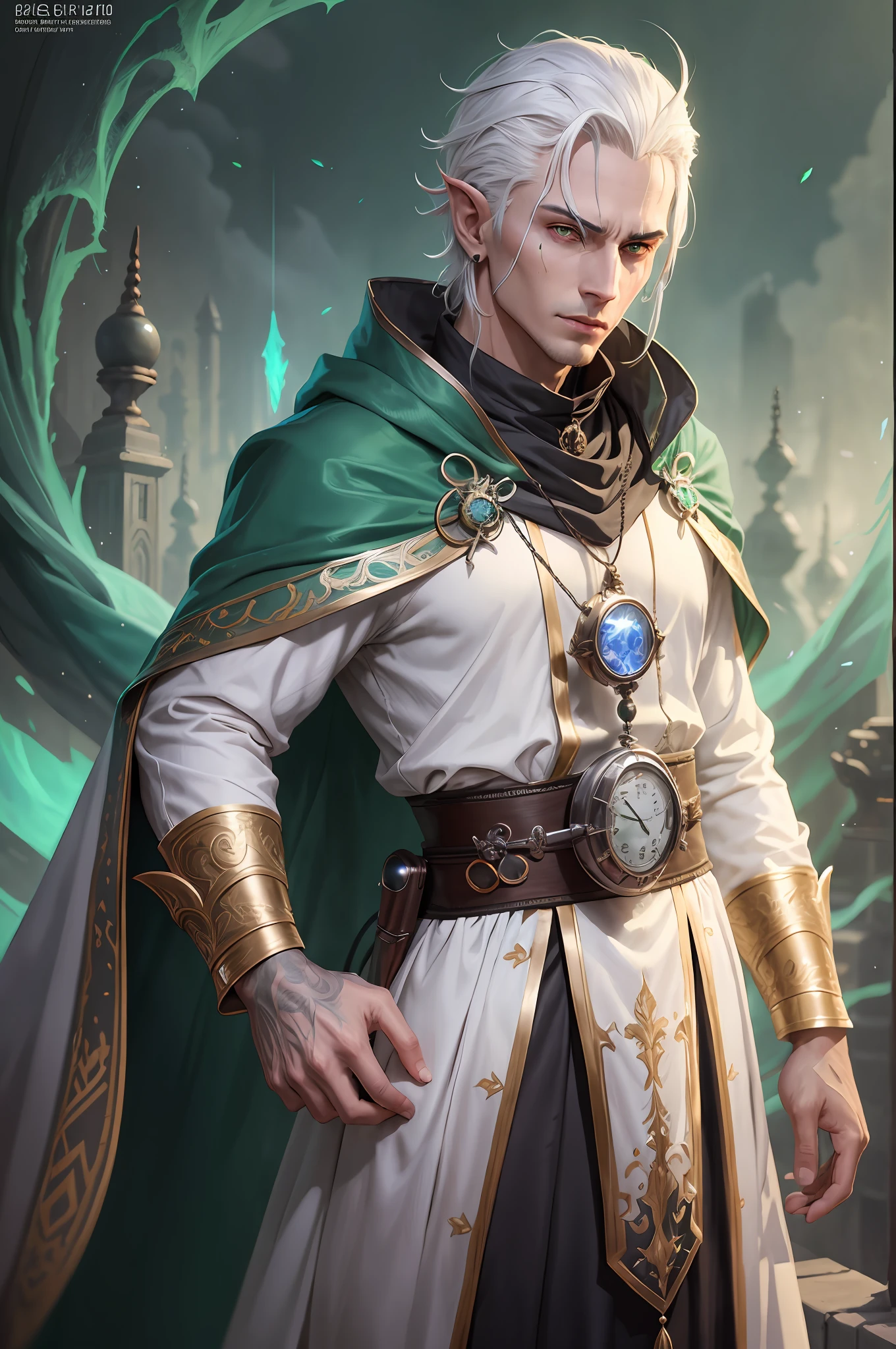 Gith male ((green skin:1.3)), Sorcerer, DnD, short white male hair straight back, white robe, old pocket watch in hand, black spot on face, 8k, detailed cat eyes, yellow eyes, dungeon and dragons, epic, dramatic, fantastic, full body, magical time control theme, cinematic, detailed face, full body, dark green skin, clock theme,  full body, white robe