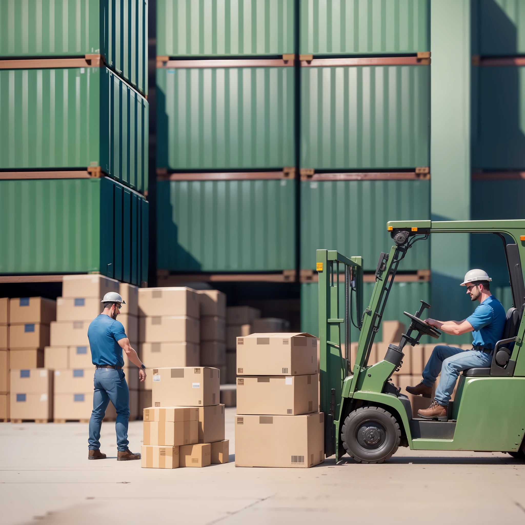 Miniature of men working in logistics, focus on the scene, only 3 men, 1 truck and 1 forklift moving a container, miniature, background with a logistics shed with stacked boxes. --auto --s2