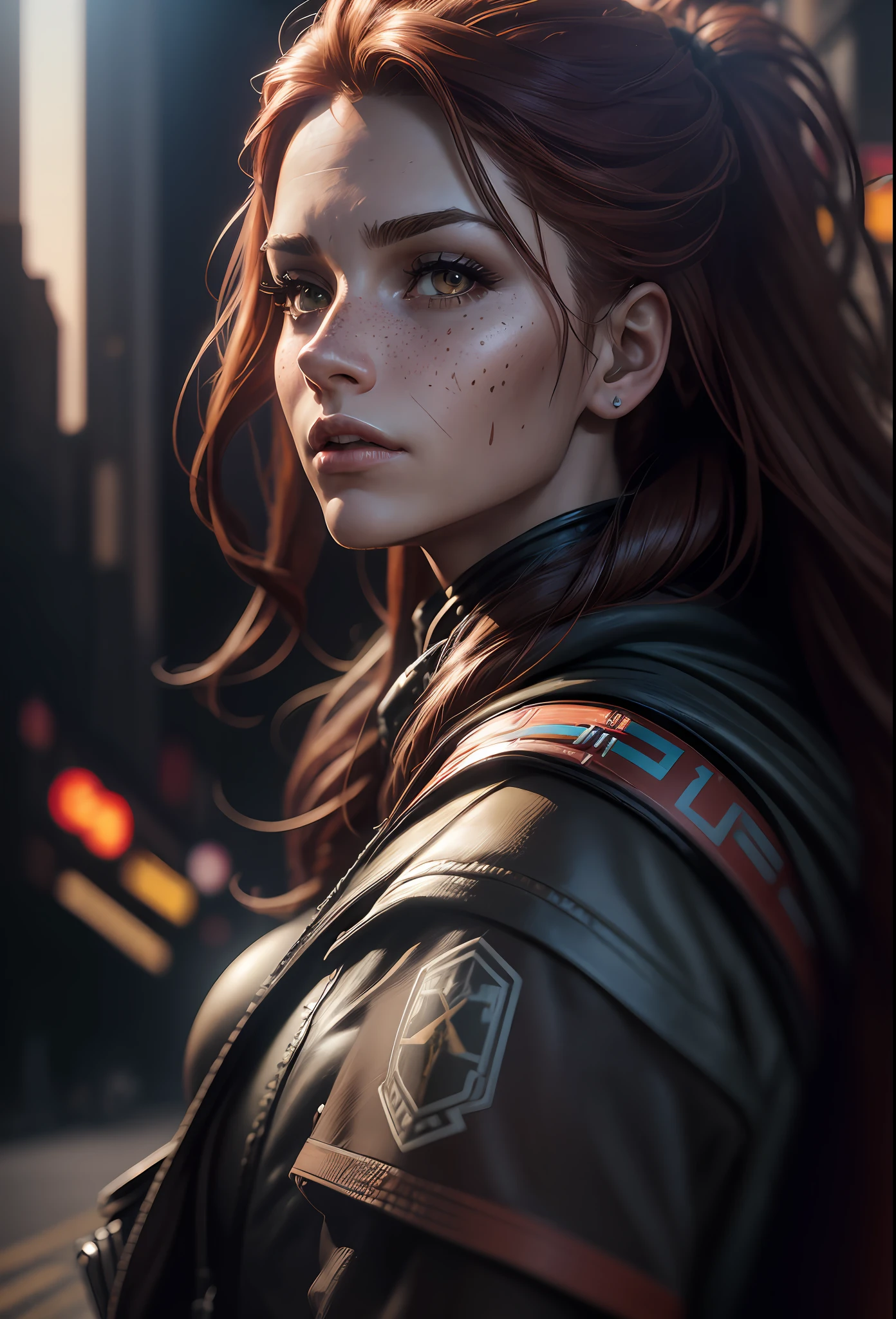 (Cinematic photo: 1. 3), Scarlet (Horizon Zero Dawn) car hunter and hunter, ((full-length)), freckles on cheeks and nose, (large breasts), big ass emphasized, beautiful face, deep realism, realistic hair, detailed skin, depth of field, against Tar Cliff, perfectly symmetrical face, realistic proportions, complex, abstract, directional look, cinematic composition, super detailed, realistic, hyper-realistic, volumetric lighting, high digital painting 8k quality, in the trend for artstation, Style-RustMagic, (beautiful: 1. 4),(attractive: 1.3), beautiful, running on the street of Rio de Janeiro --auto --s2
