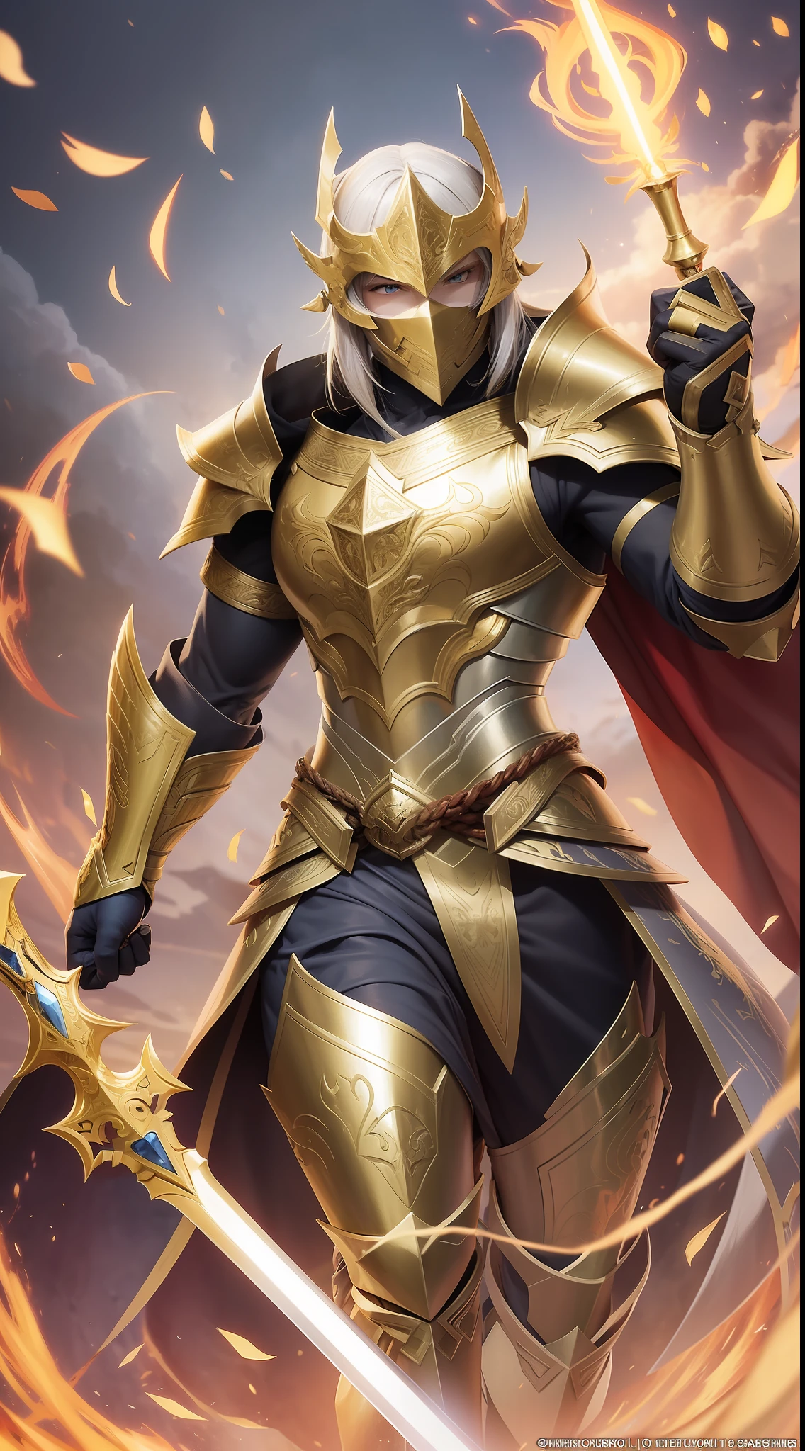 the image shows the Warrior of Light in a heroic pose, and in full body in the picture, wielding his legendary sword with both hands. The sword is long and broad, with a silver blade and a golden handle. The sword has engravings of ancient symbols, which glow with a magical light. The sword seems to emanate power and authority.
The Warrior of Light wears shining armor, which reflects the sunlight. The armor is made of polished metal, with details in gold and precious stones. The armor covers his entire body, protecting him from any attack. The armor has an elegant and imposing design, which shows the status and nobility of the warrior.
The Warrior of Light has a strong, confident appearance, with an expressive face and penetrating eyes. He has short, blond hair, and a well-trimmed beard. He has a determined and courageous smile, which shows his will to fight and win. He has a firm and determined gaze, which shows his leadership and wisdom.
The Warrior of Light is in a war scenario, surrounded by enemies and allies. He is in the center of the battle, facing the forces of darkness. He is surrounded by fire, smoke and blood, but he is not shaken. He is ready to strike the final blow, and free the kingdoms from oppression.