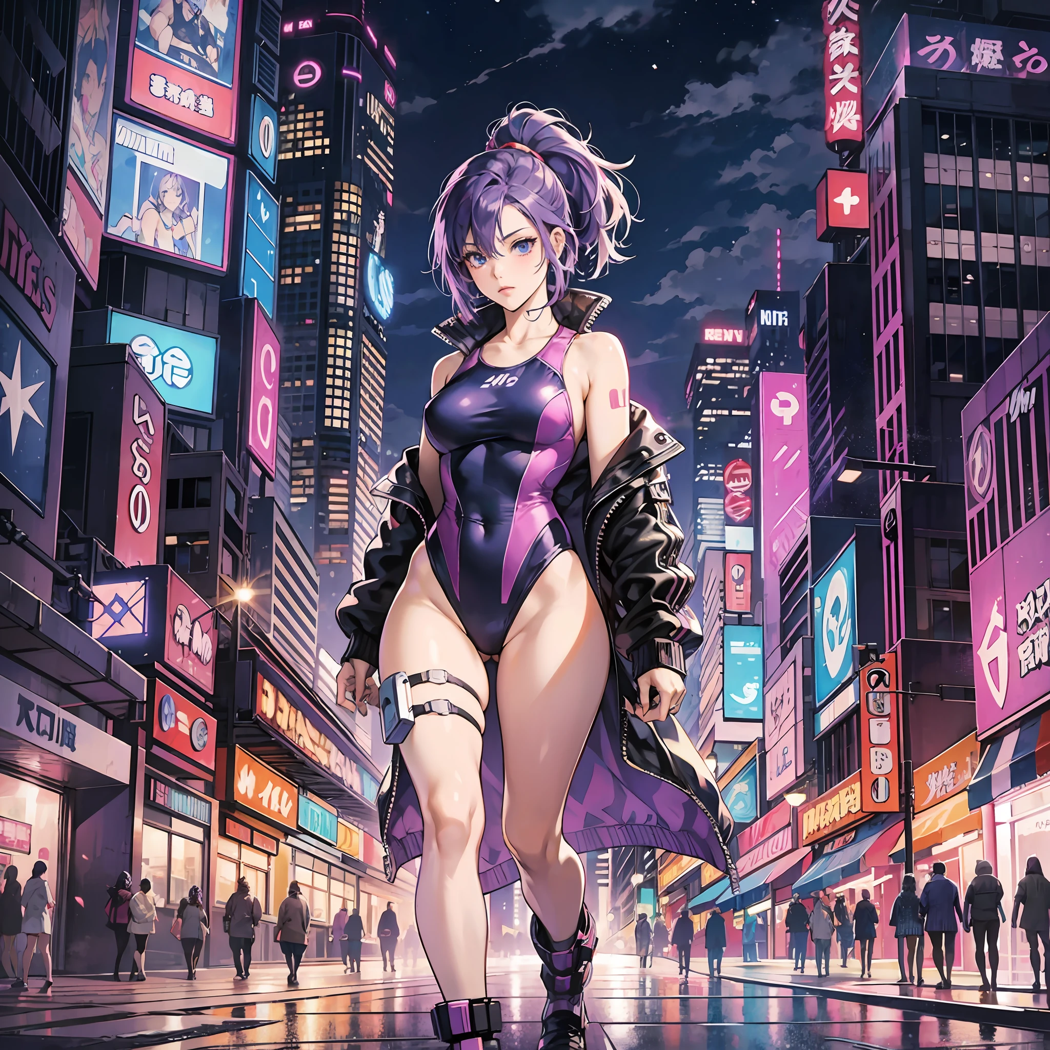 Cyberpunk, anime like, full body, purple hair, woman, city at night, vaporized background, blue backlight, sci-fi swim suit, swim suit tech , downtown, photo of body, sexy --auto --s2