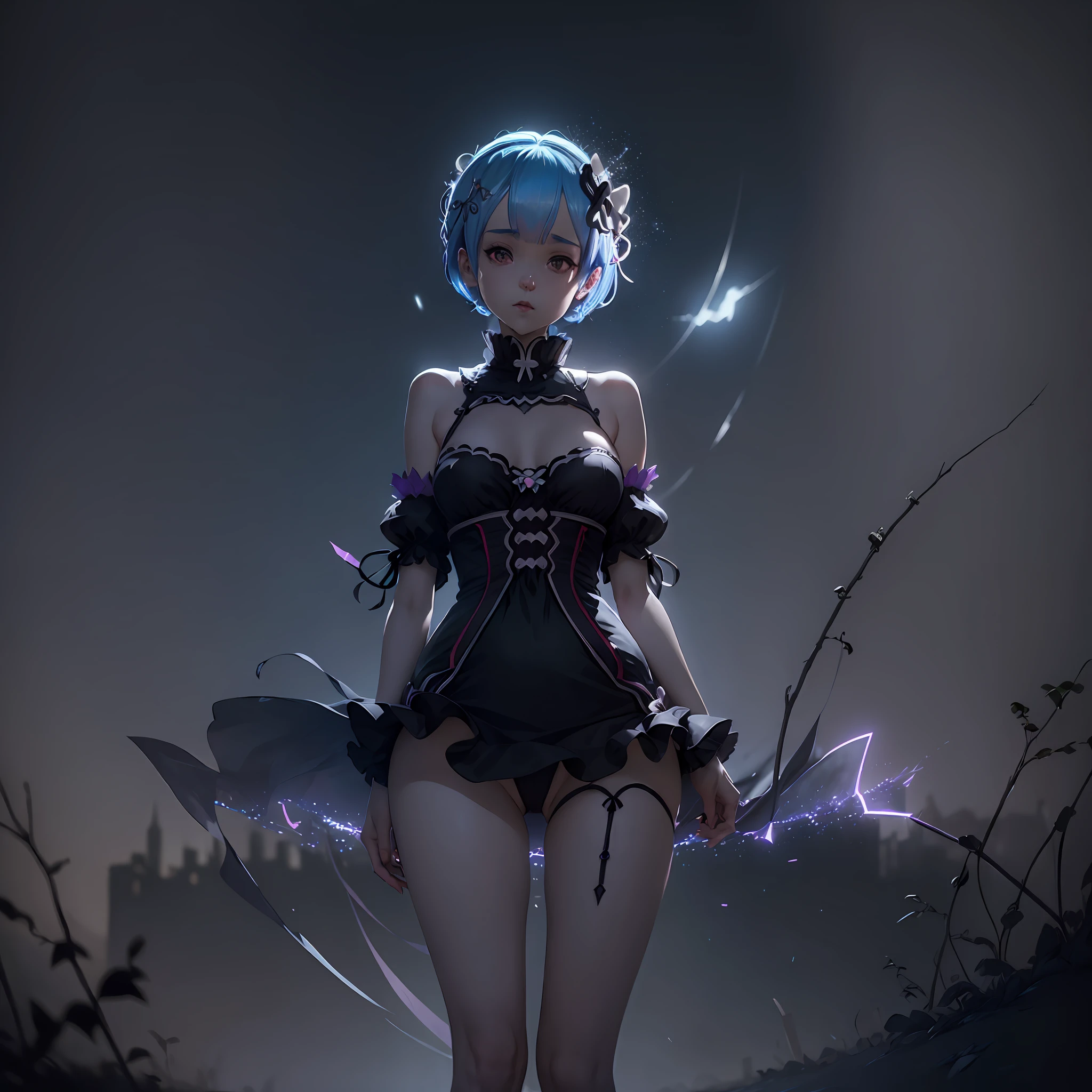 (((Rem from Rezero))) proportional body, Sexy pose Masterpiece ,Best quality, (Micro lingerie), (Dark ambient), light focus the body, dark abandoned landscape, light particle, dark night, contrast, view from above, deep of view,