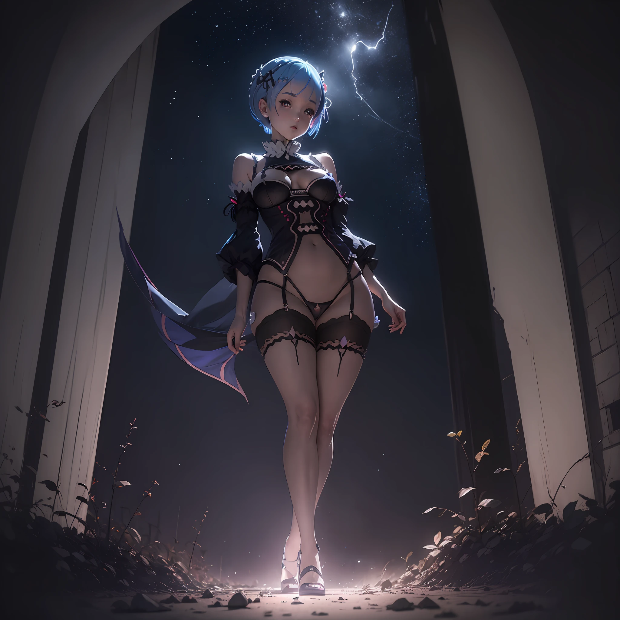 (((Rem from Rezero))) proportional body, Sexy pose Masterpiece ,Best quality, (Micro lingerie), (Dark ambient), light focus the body, dark abandoned  landscape, light particle, dark night, contrast, view from above, deep of view,