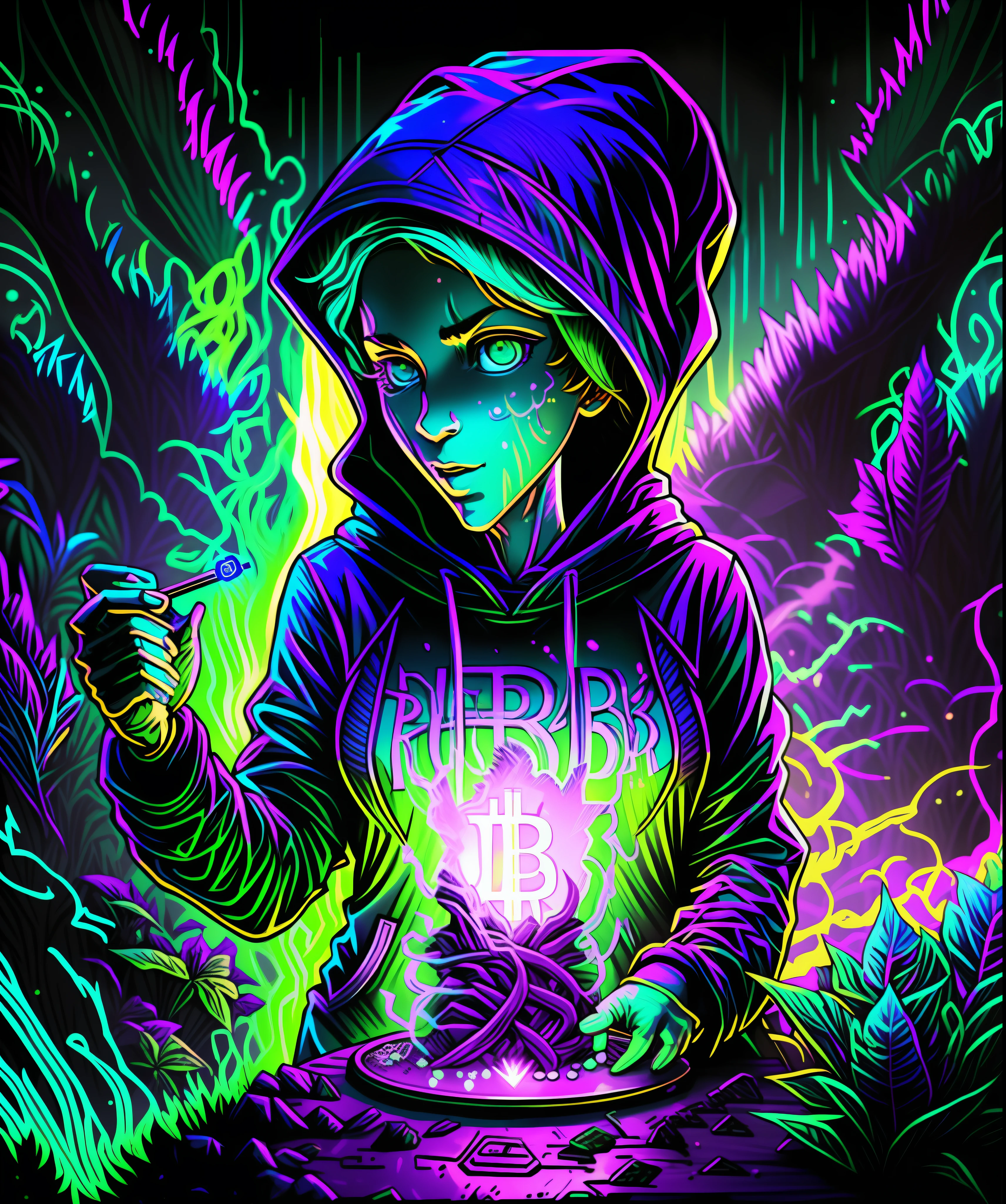 a woman in a hoodie holding a green and purple glowing radiated bitcoin, cryptocurrency nerd light