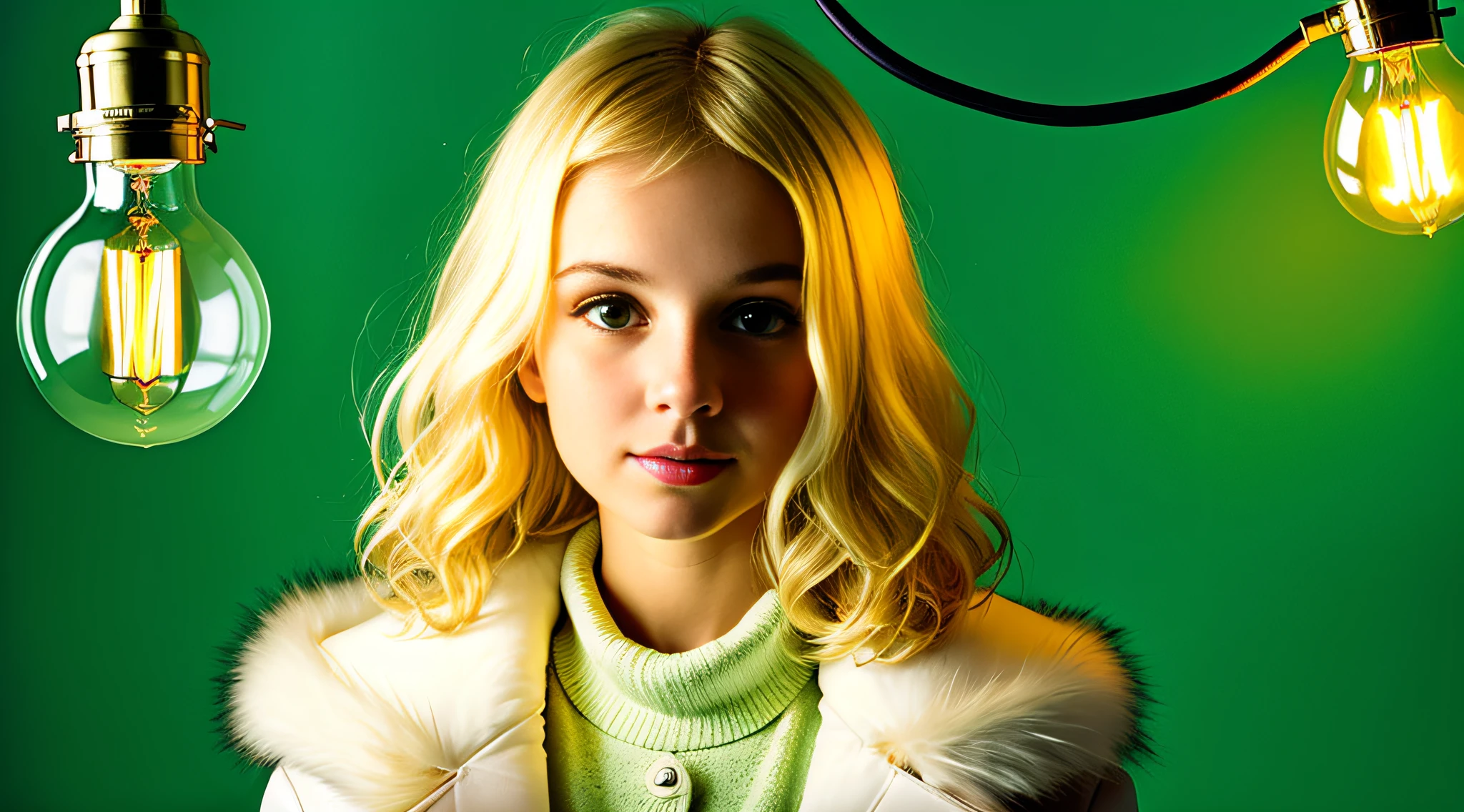there is a GIRL 12 YENDE CABEL SMOOTH LARGE, PORTRAIT, WITH FUR COAT, a closeup of a lot of lamps with a green background, lamps, fluorescent lighting, twinkling flcent lights, fluorescent lights, ambient lighting, fluorescent lights buzzing, green lighting, dim fluorescent lighting, defective fluorescent lighting, green energy, fluorescent LED, fluorescent, bright fluorescent lights, lamp, incandescent lighting, fluorescent lamp, sustainable materials