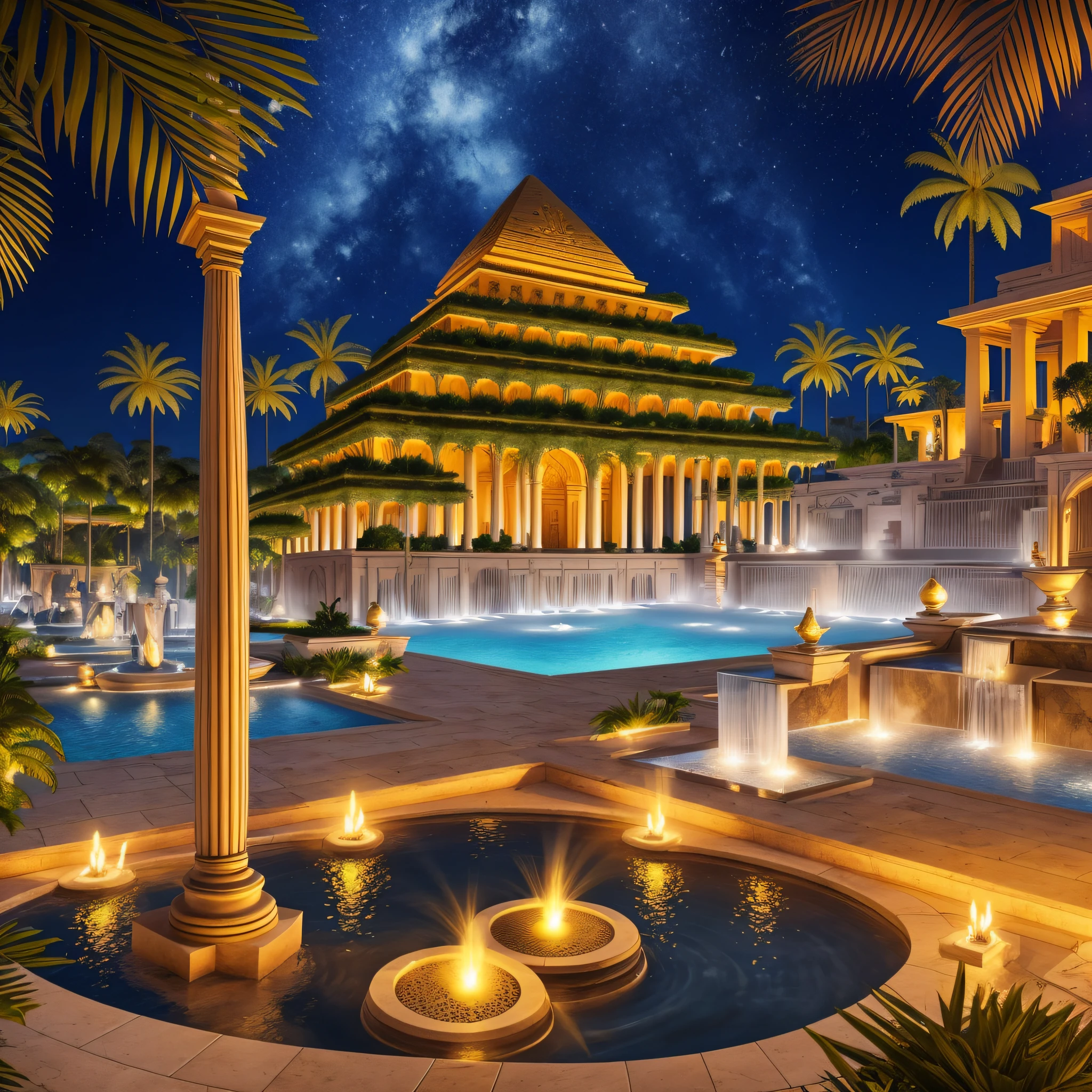 hanging garden of babilonia with thermal waters and fountains, pyramids with gold details, white marble pilasters, palm trees in the environment, at night, with lit torches --auto --s2