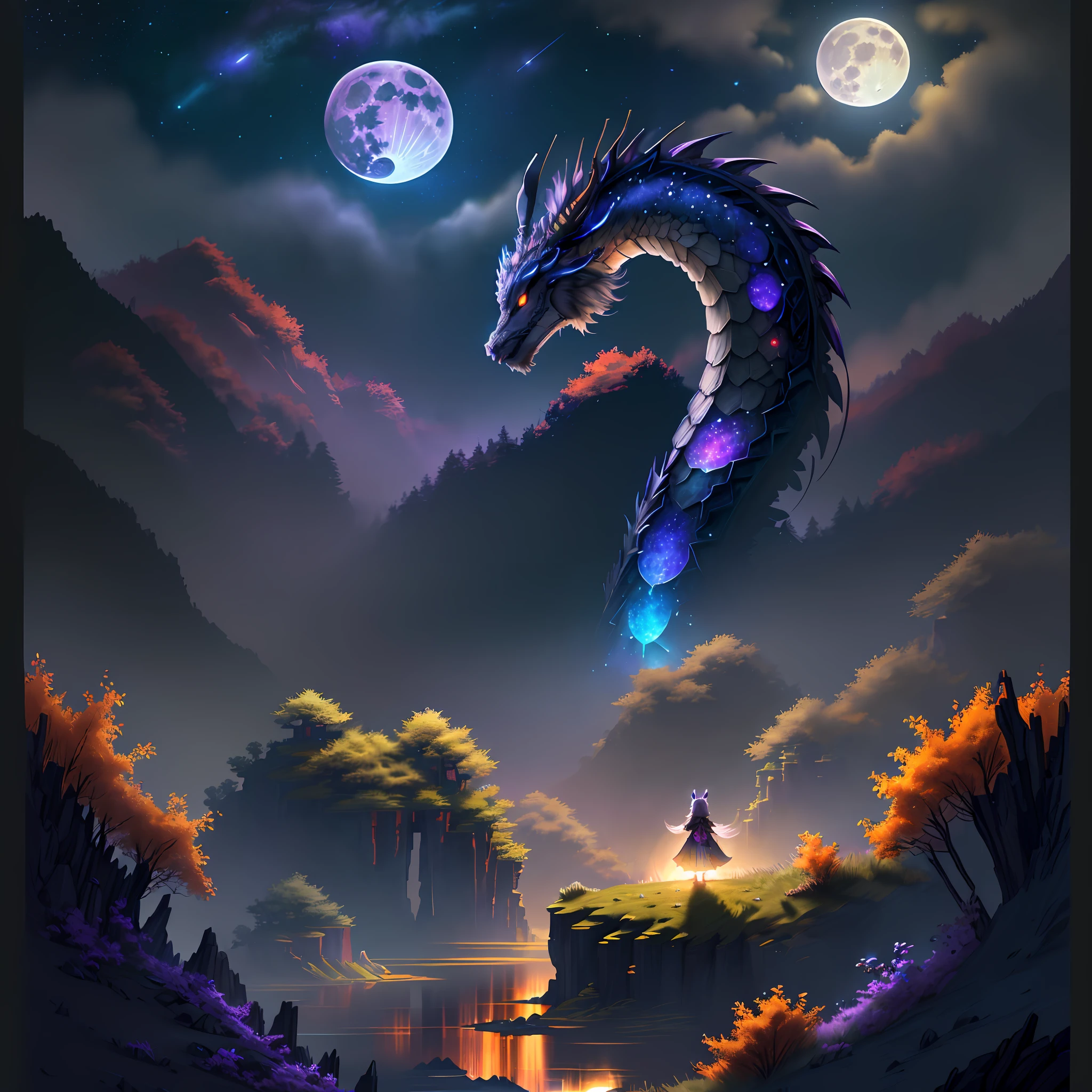 Vast landscape photos, (looking at the sky and the wilderness below), "A rabbit, magical, anthropomorphic, girl, angry expression, glowing eyes, Wanruo mask, Hanfu, background of ancient Chinese streets, night." Genshin Impact Impact, Best Quality, High Detail, High Quality, Ultra High Resolution, OC Rendering, 8K" Standing in a Flower Field and Looking Up, (Full Moon: 1.2), (Meteor: 0.9), (Nebula: 1.3), Far Away Mountains, Tree Breaking Making Art, (Warm Source: 1.2), (Firefly: 1.2), Lights, Purple and Orange, Intricate Details, Volumetric Lighting BREAK (Masterpiece: 1.2), (Highest Quality), 4K, Ultra Detailed, (Dynamic configuration: 1.4), Highly detailed and colorful details (rainbow color: 1.2), (Sparkling lighting, atmospheric lighting), Dreamy, magical, (Solo: 1.2), (Ying Dragon God), (Through the clouds), (Top of the mountains), (Complex), (Super Detail), (Starry Sky Background), (Stout Limbs), (Moon Night), (Ultra Clear), (Best Quality),