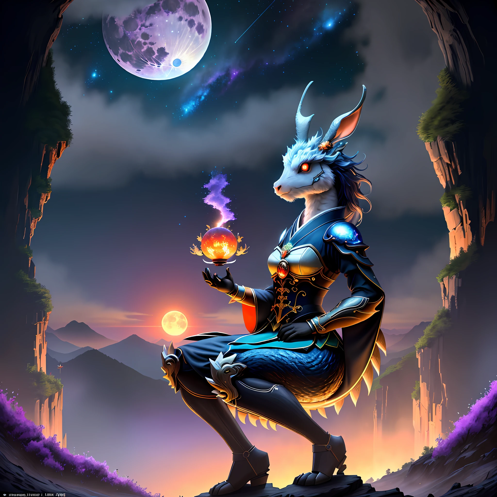 Vast landscape photos, (looking at the sky and the wilderness below), "A rabbit, magical, anthropomorphic, girl, angry expression, glowing eyes, Wanruo mask, Hanfu, background of ancient Chinese streets, night." Genshin Impact Impact, Best Quality, High Detail, High Quality, Ultra High Resolution, OC Rendering, 8K" Standing in a Flower Field and Looking Up, (Full Moon: 1.2), (Meteor: 0.9), (Nebula: 1.3), Far Away Mountains, Tree Breaking Making Art, (Warm Source: 1.2), (Firefly: 1.2), Lights, Purple and Orange, Intricate Details, Volumetric Lighting BREAK (Masterpiece: 1.2), (Highest Quality), 4K, Ultra Detailed, (Dynamic configuration: 1.4), Highly detailed and colorful details (rainbow color: 1.2), (Sparkling lighting, atmospheric lighting), Dreamy, magical, (Solo: 1.2), (Ying Dragon God), (Through the clouds), (Top of the mountains), (Complex), (Super Detail), (Starry Sky Background), (Stout Limbs), (Moon Night), (Ultra Clear), (Best Quality),
