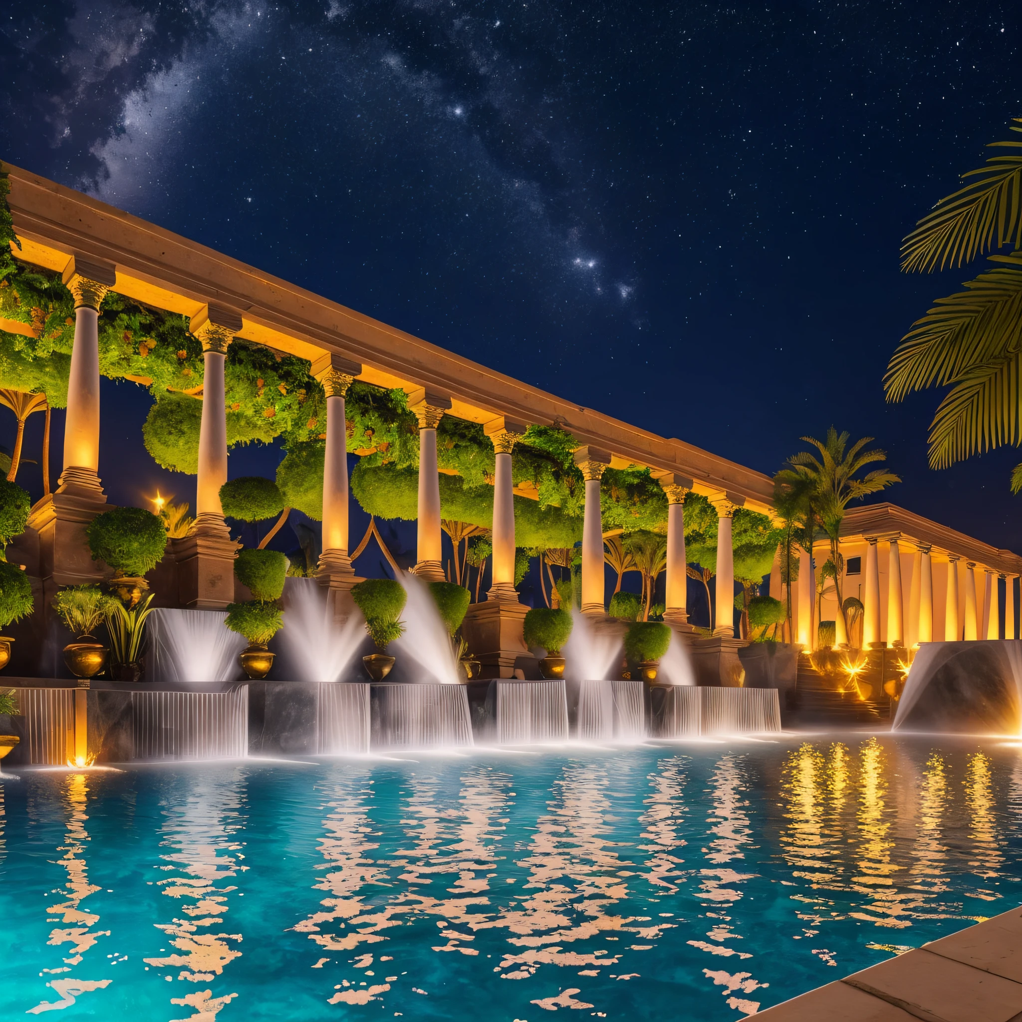 hanging garden of babilonia with thermal waters and fountains, pyramids with gold details, white marble pilasters, palm trees in the environment, at night, with lit torches --auto --s2