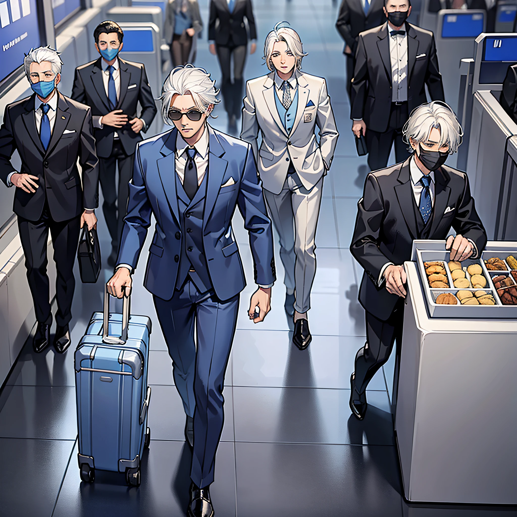 1 man, middle-aged, white hair, wrinkled, blue-black suit, inside the airport