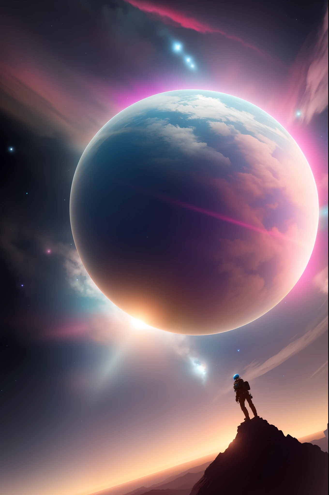 wide-angle lens view, spaceship, Star Trek style, intricate technological details, pink planet with clouds on the left in the background, (spherical planet) outer space in the background, asteroid floating in space on the right in the background, starry sky, wide view, sharp focus, dramatic lighting, by Gene Roddenberry, sci-fi style, nasa, award-winning, best quality, ultrahd 8k 4k wallpaper, Concept art, trend at Artstation