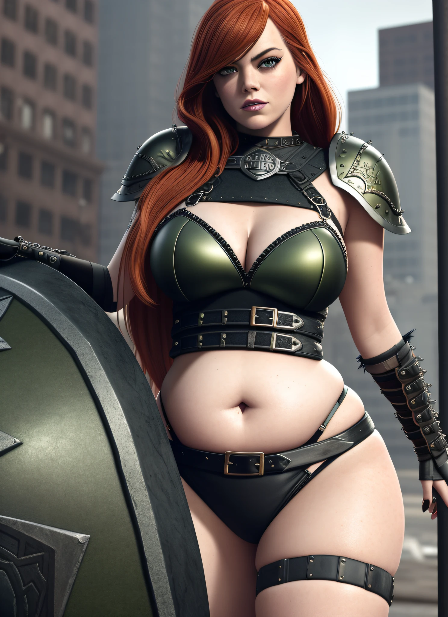 Emma Stone, Portrait Awarded, Sexy Punk Goth Warrior Woman Wearing Armor, by Frank Fasetta, Barbarian, Hardcore, Horror, Post-Apocalyptic, Octane Render, 3D Render, Detailed Skin, Dynamic Lighting, 4K, HDR, Chubby, Curvilinea, Plump, Green Eyes, Extremely Long Red Hair, Thick Thighs