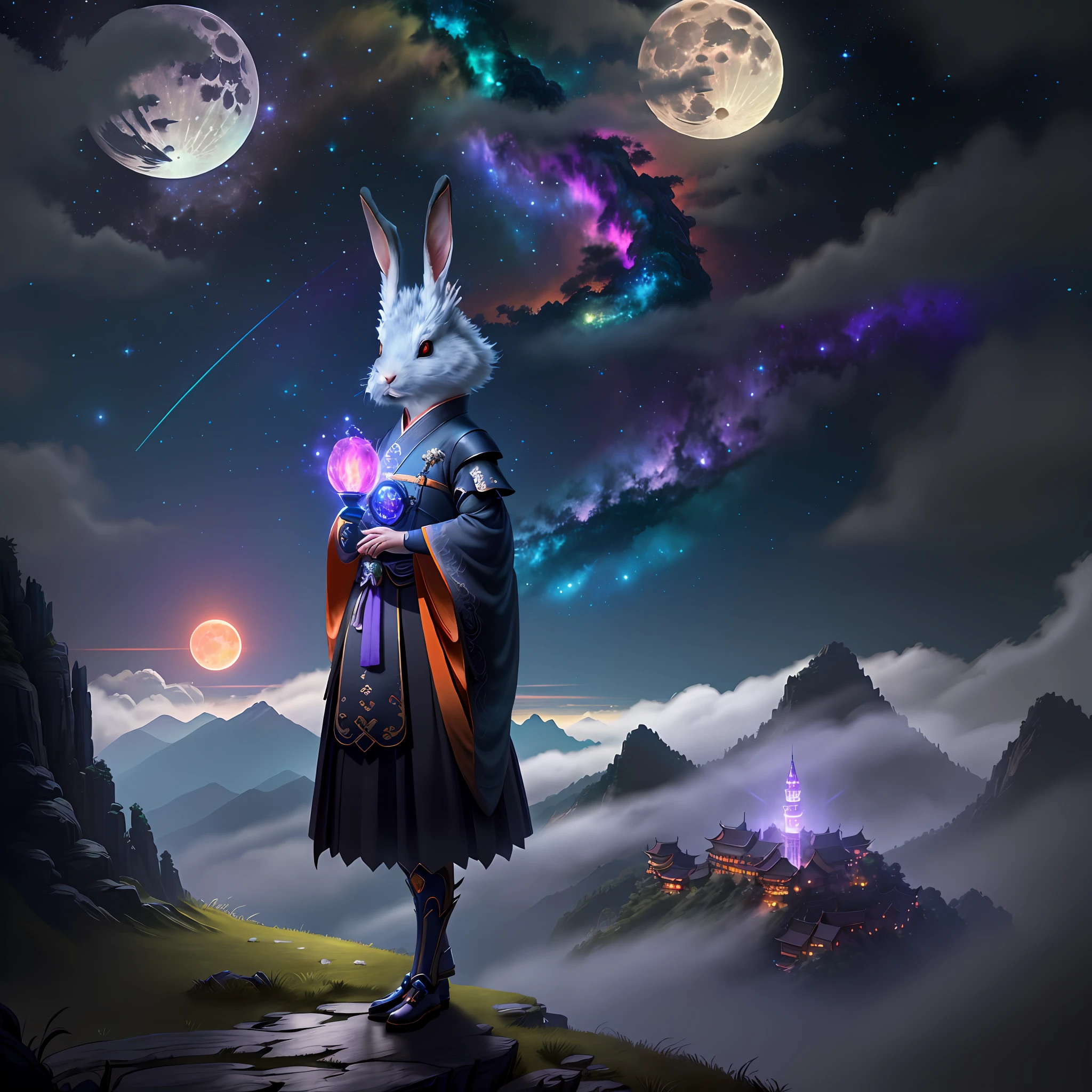 Vast landscape photos, (looking at the sky and the wilderness below), "A rabbit, magical, anthropomorphic, girl, angry expression, glowing eyes, Wanruo mask, Hanfu, background of ancient Chinese streets, night." Genshin Impact Impact, Best Quality, High Detail, High Quality, Ultra High Resolution, OC Rendering, 8K" Standing in a Flower Field and Looking Up, (Full Moon: 1.2), (Meteor: 0.9), (Nebula: 1.3), Far Away Mountains, Tree Breaking Making Art, (Warm Source: 1.2), (Firefly: 1.2), Lights, Purple and Orange, Intricate Details, Volumetric Lighting BREAK (Masterpiece: 1.2), (Highest Quality), 4K, Ultra Detailed, (Dynamic configuration: 1.4), Highly detailed and colorful details (rainbow color: 1.2), (Sparkling lighting, atmospheric lighting), Dreamy, magical, (Solo: 1.2), (Ying Dragon God), (Through the clouds), (Top of the mountains), (Complex), (Super Detail), (Starry Sky Background), (Stout Limbs), (Moon Night), (Ultra Clear), (Best Quality),