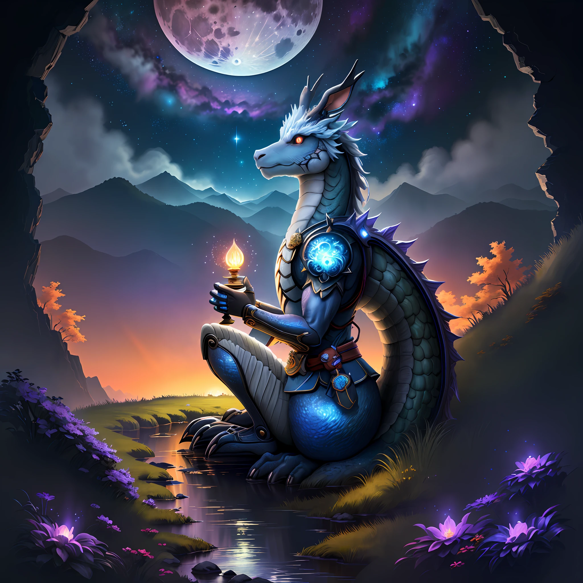 Vast landscape photos, (looking at the sky and the wilderness below), "A rabbit, magical, anthropomorphic, girl, angry expression, glowing eyes, Wanruo mask, Hanfu, background of ancient Chinese streets, night." Genshin Impact Impact, Best Quality, High Detail, High Quality, Ultra High Resolution, OC Rendering, 8K" Standing in a Flower Field and Looking Up, (Full Moon: 1.2), (Meteor: 0.9), (Nebula: 1.3), Far Away Mountains, Tree Breaking Making Art, (Warm Source: 1.2), (Firefly: 1.2), Lights, Purple and Orange, Intricate Details, Volumetric Lighting BREAK (Masterpiece: 1.2), (Highest Quality), 4K, Ultra Detailed, (Dynamic configuration: 1.4), Highly detailed and colorful details (rainbow color: 1.2), (Sparkling lighting, atmospheric lighting), Dreamy, magical, (Solo: 1.2), (Ying Dragon God), (Through the clouds), (Top of the mountains), (Complex), (Super Detail), (Starry Sky Background), (Stout Limbs), (Moon Night), (Ultra Clear), (Best Quality),